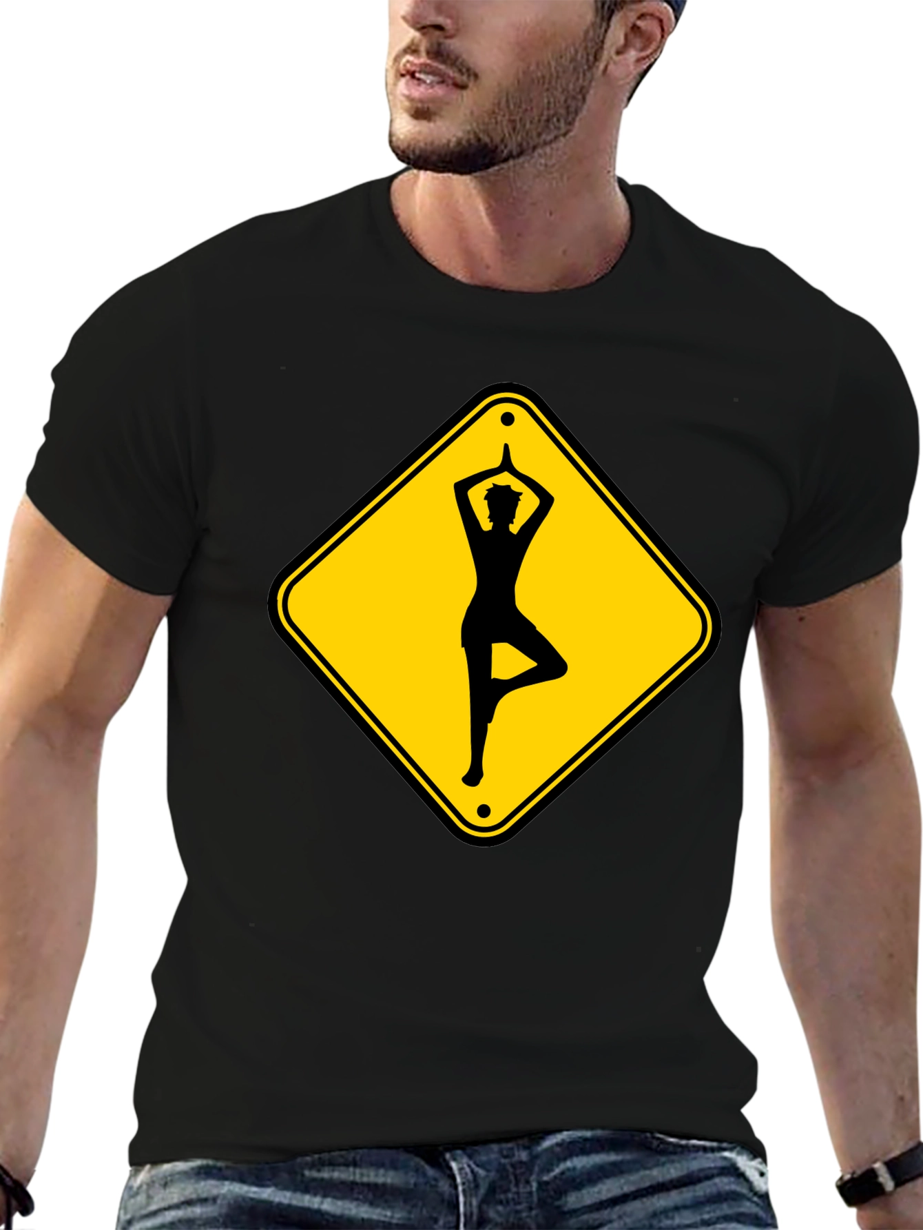 Yoga Pose Road Sign Black T-Shirt