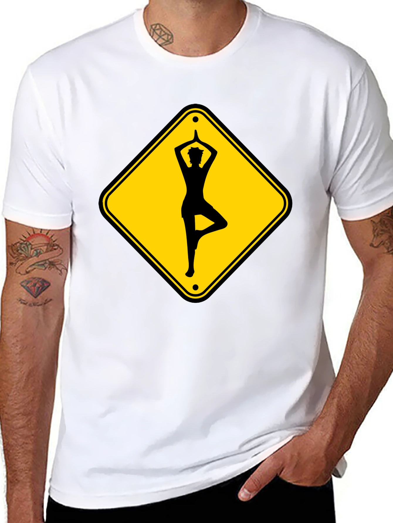 Yoga Pose Road Sign Black T-Shirt