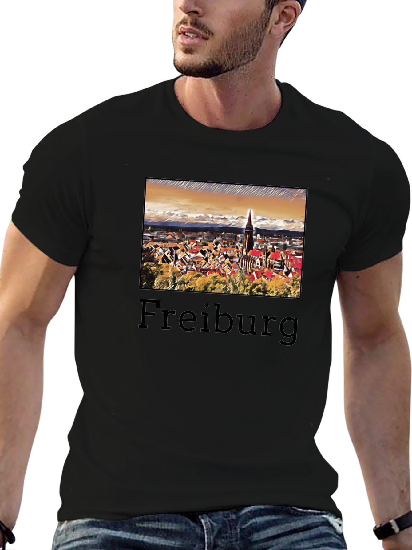 Freiburg Cityscape Graphic Tee - Black Cotton T-Shirt