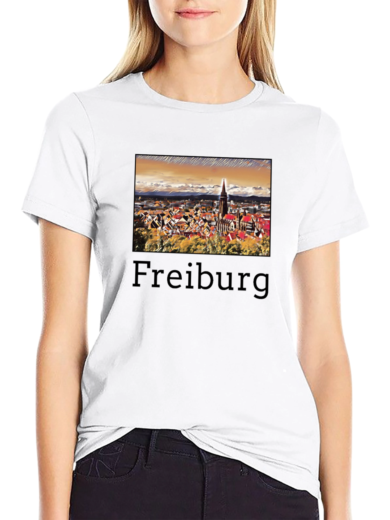 Freiburg Cityscape Graphic Tee - Black Cotton T-Shirt