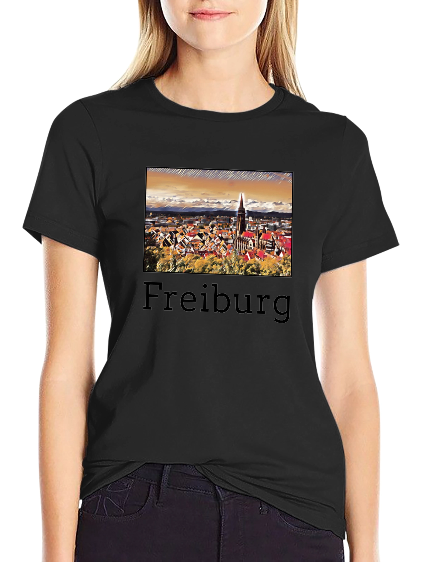 Freiburg Cityscape Graphic Tee - Black Cotton T-Shirt