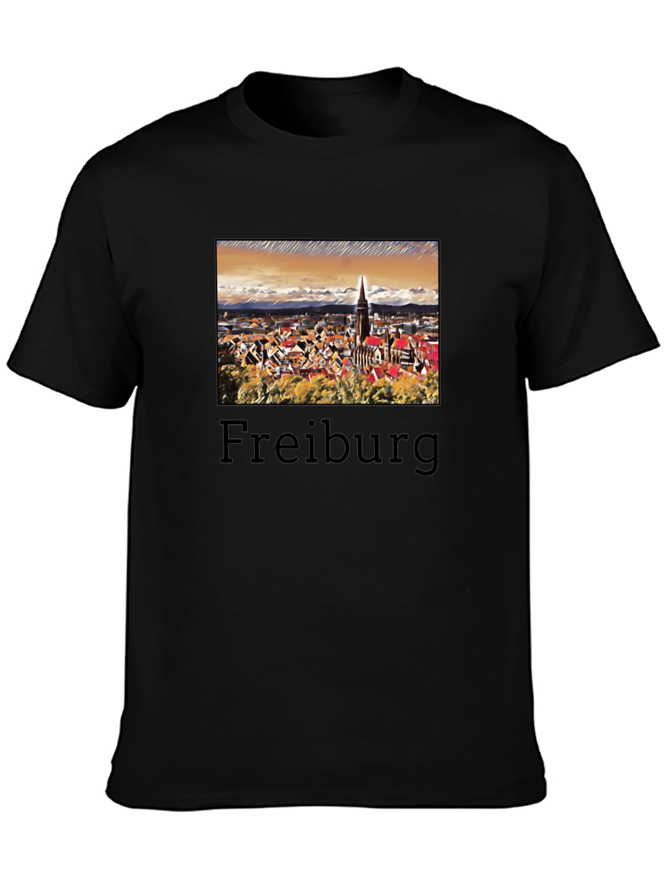 Freiburg Cityscape Graphic Tee - Black Cotton T-Shirt