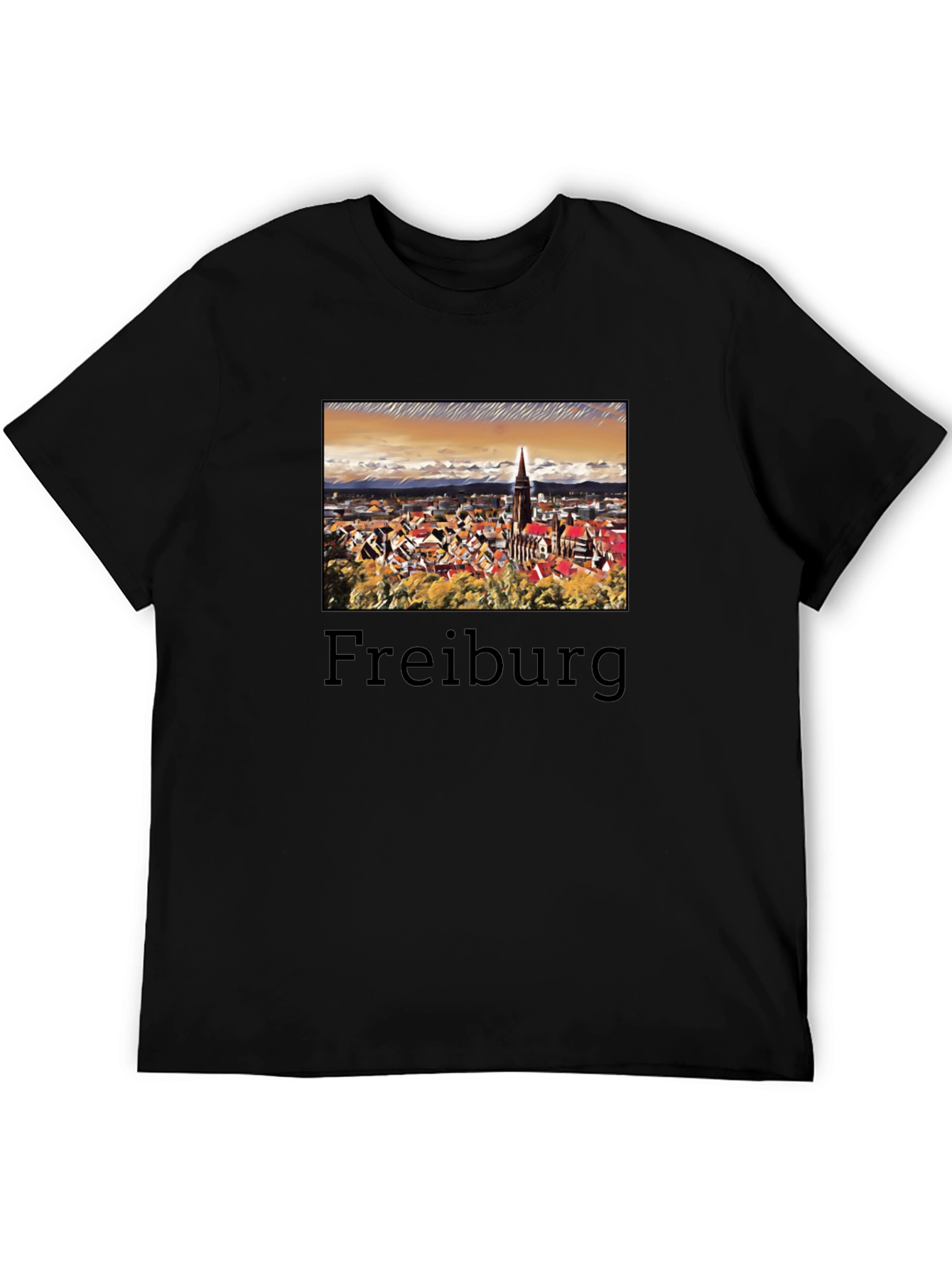 Freiburg Cityscape Graphic Tee - Black Cotton T-Shirt
