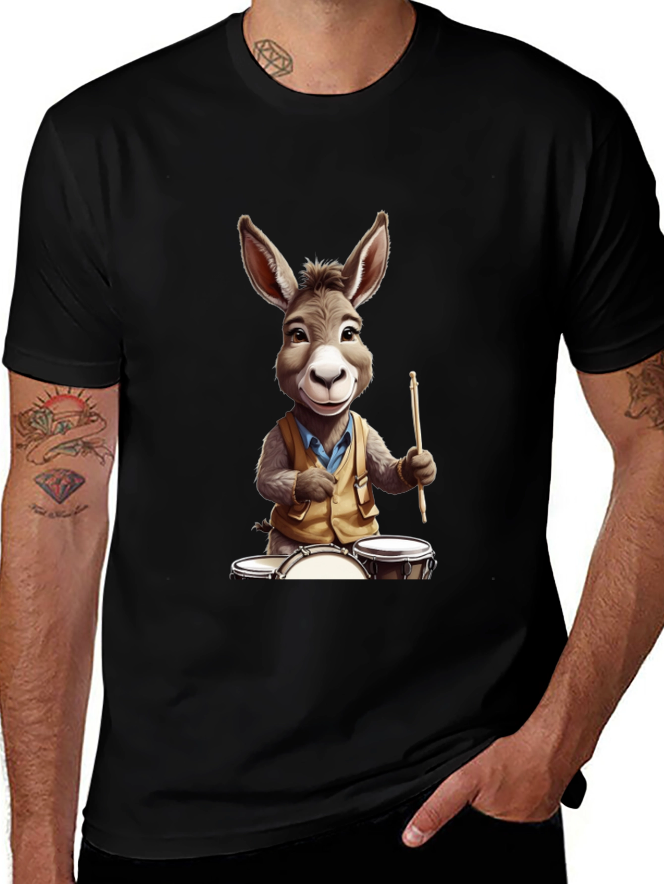 Donkey Drummer Graphic Tee - Black Cotton Blend Shirt