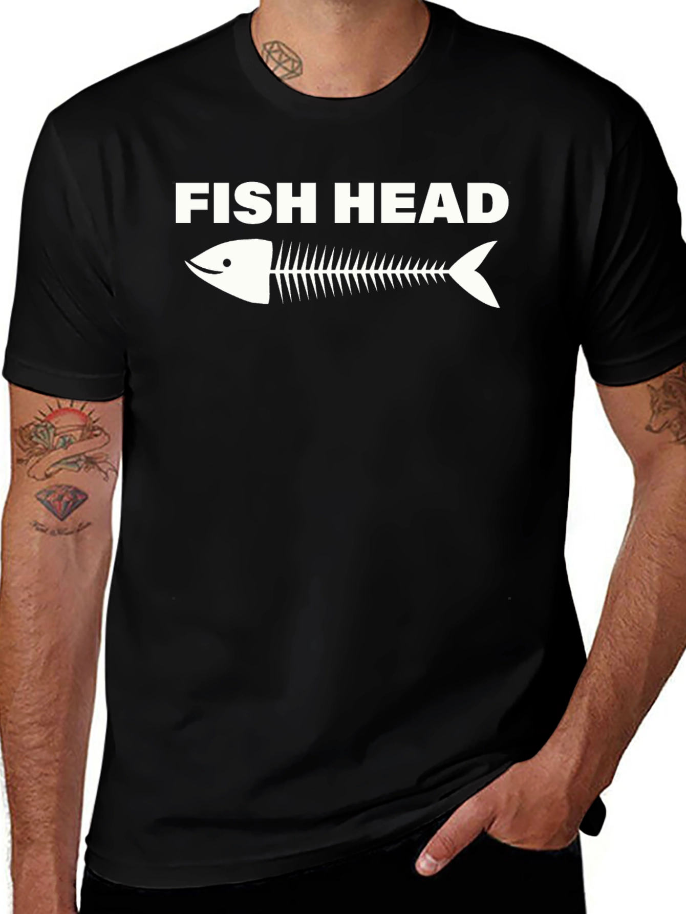 Fish Head Skeleton Graphic Tee - Black Cotton T-Shirt