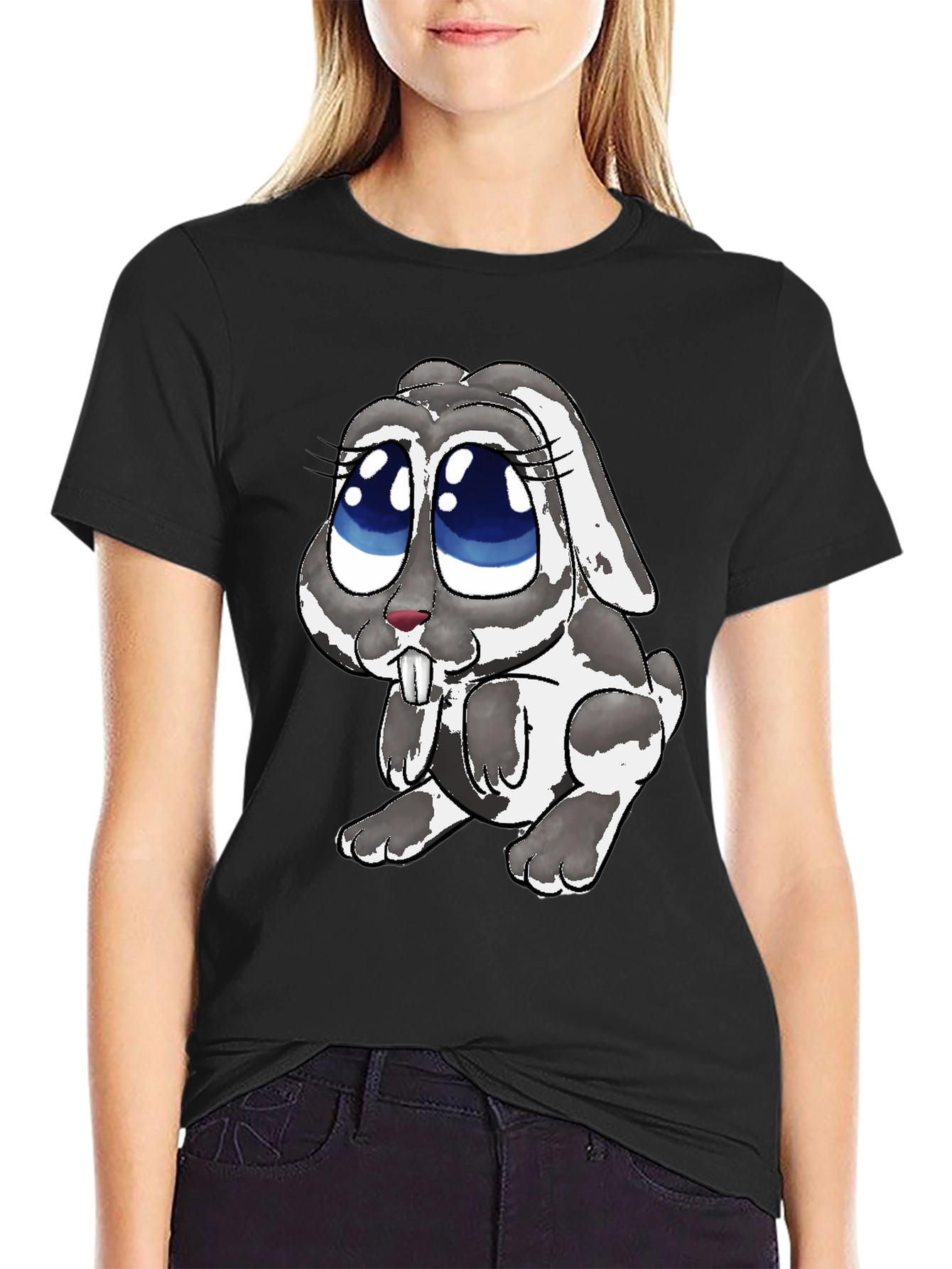 Cute Bunny Graphic Tee - Black Casual T-Shirt