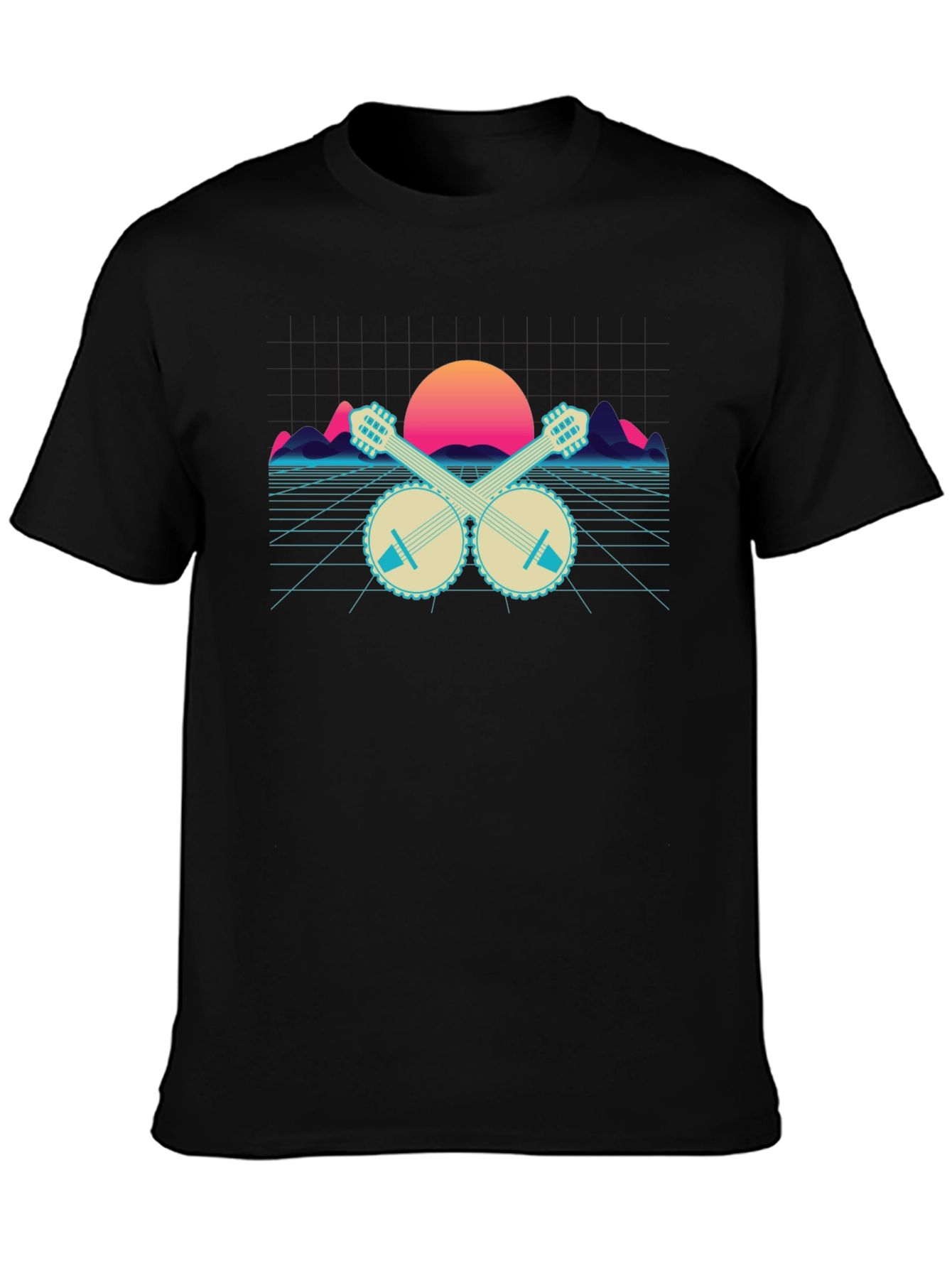 Retro Banjo Sunset T-Shirt - Musical Synthwave Tee
