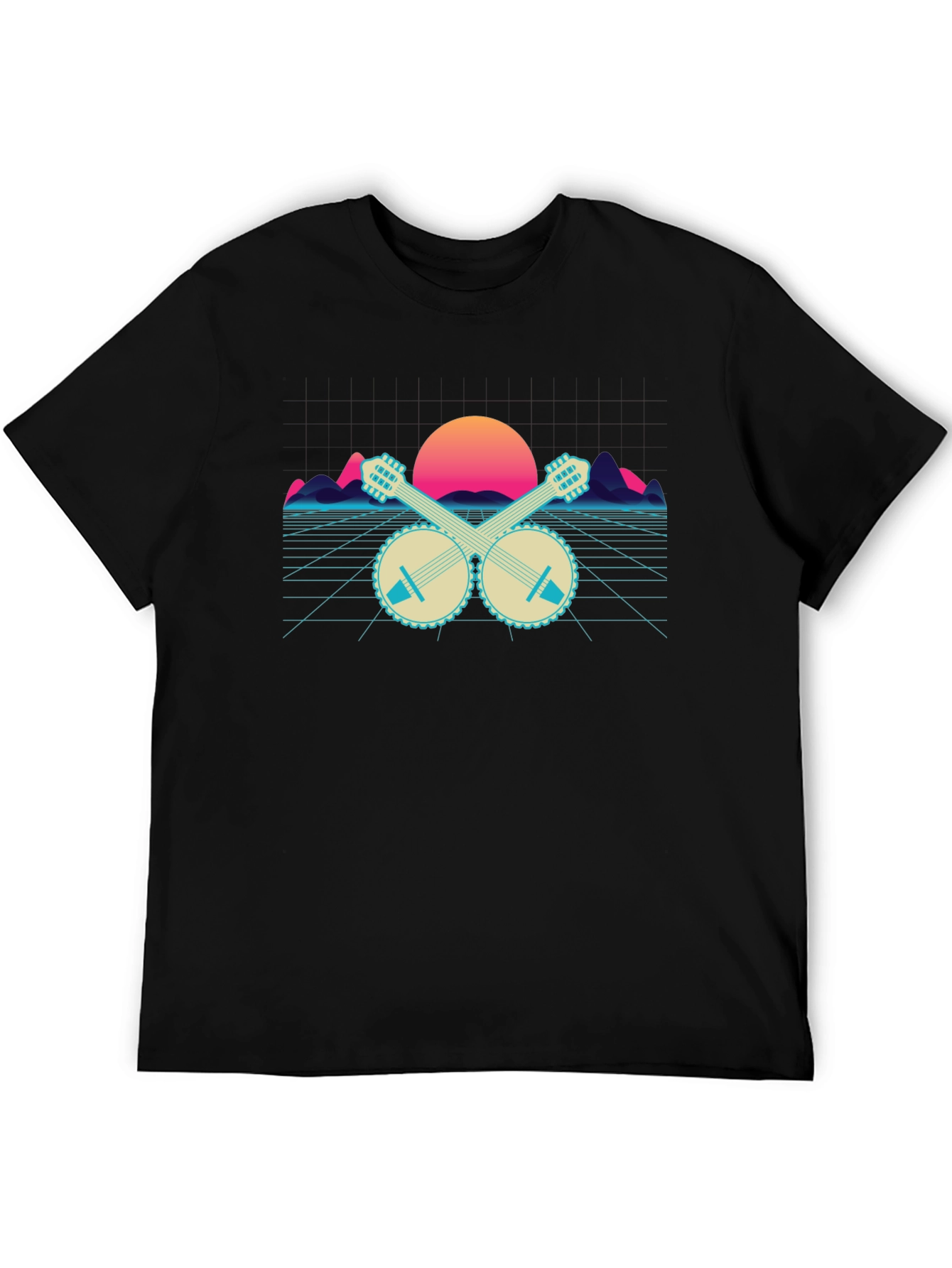 Retro Banjo Sunset T-Shirt - Musical Synthwave Tee