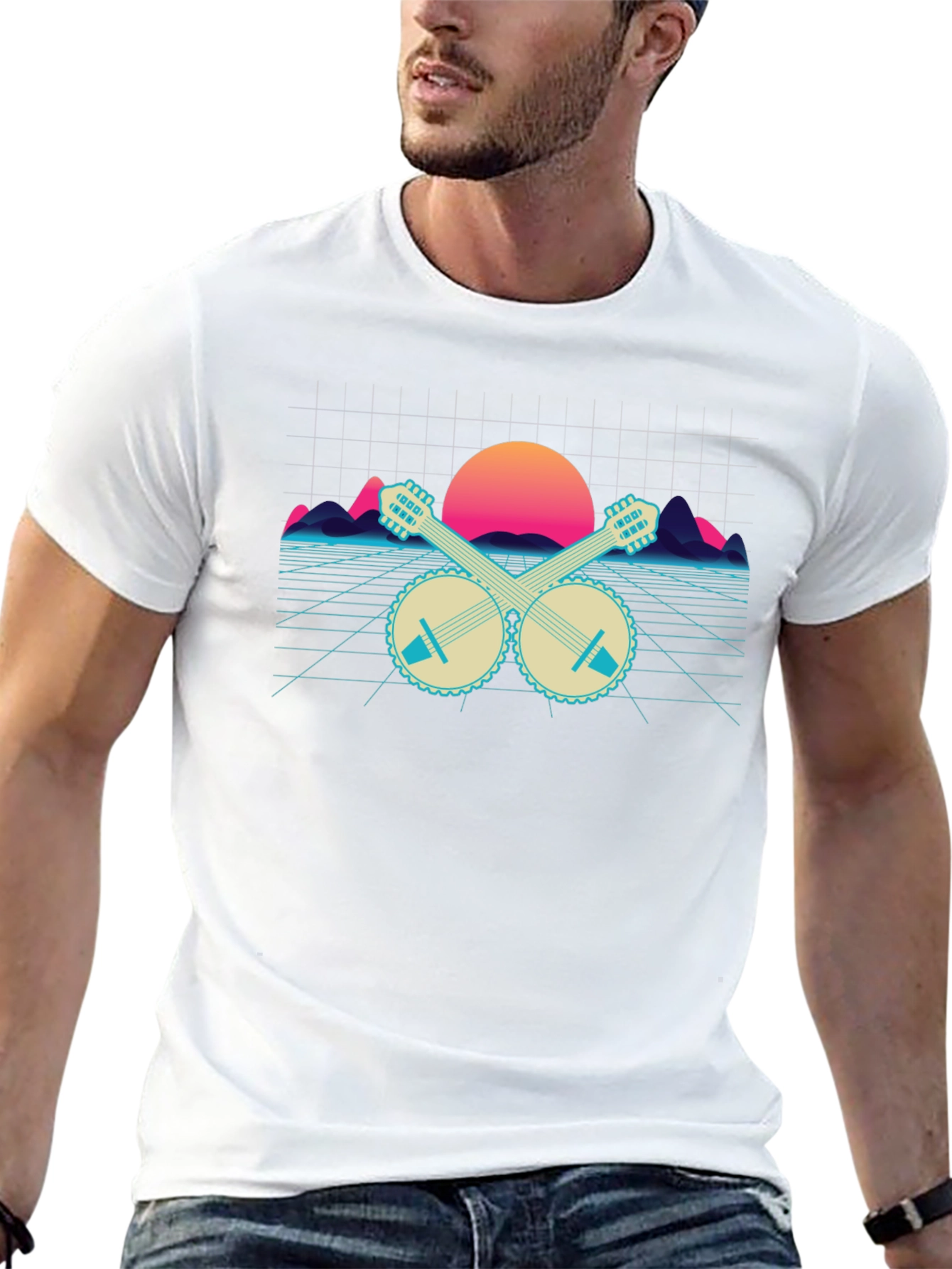 Retro Banjo Sunset T-Shirt - Musical Synthwave Tee