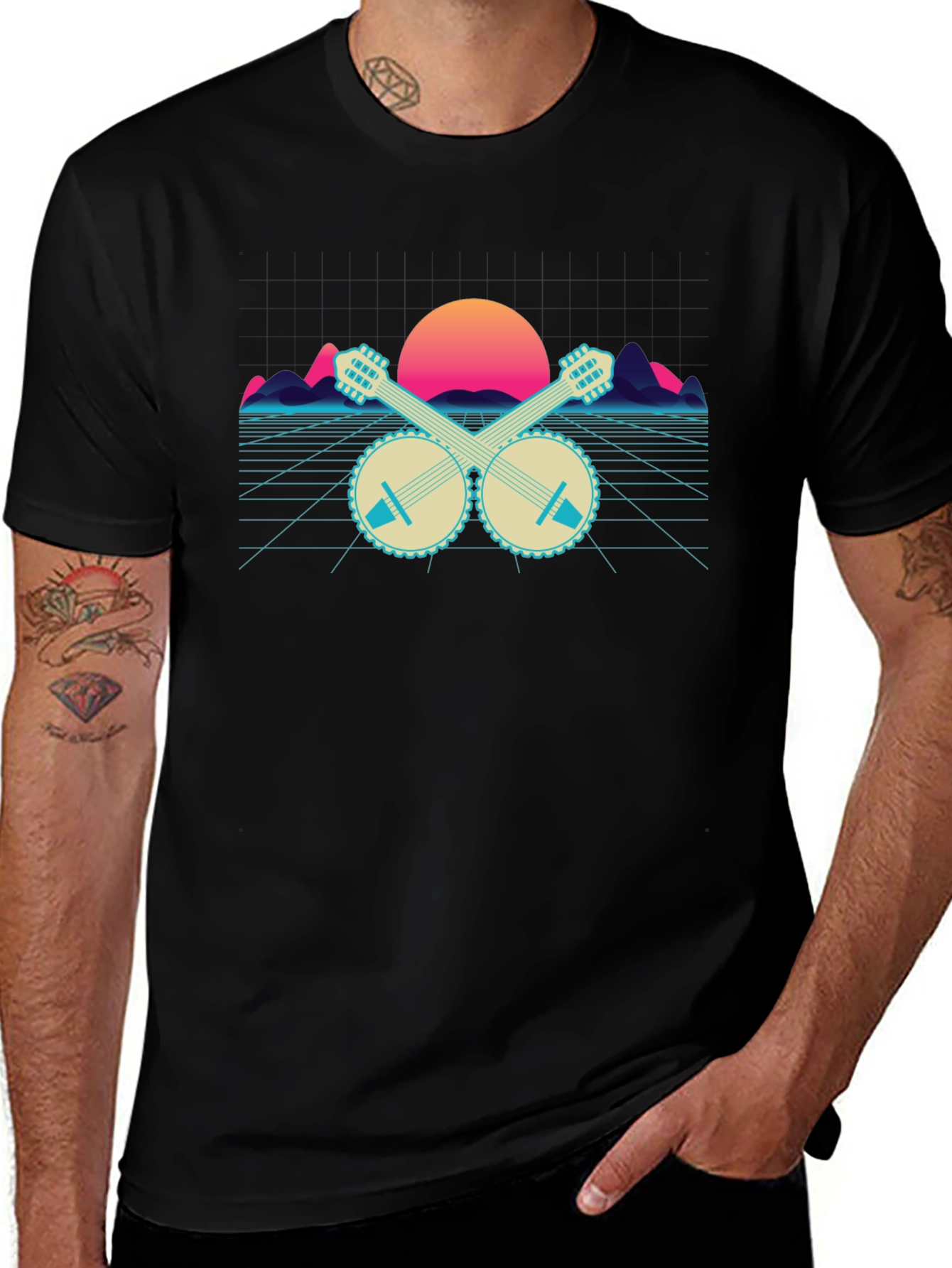Retro Banjo Sunset T-Shirt - Musical Synthwave Tee