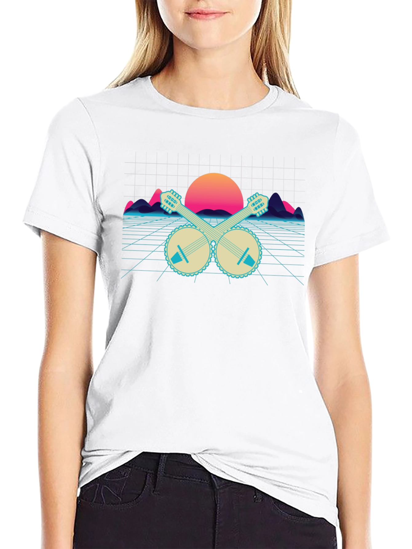 Retro Banjo Sunset T-Shirt - Musical Synthwave Tee