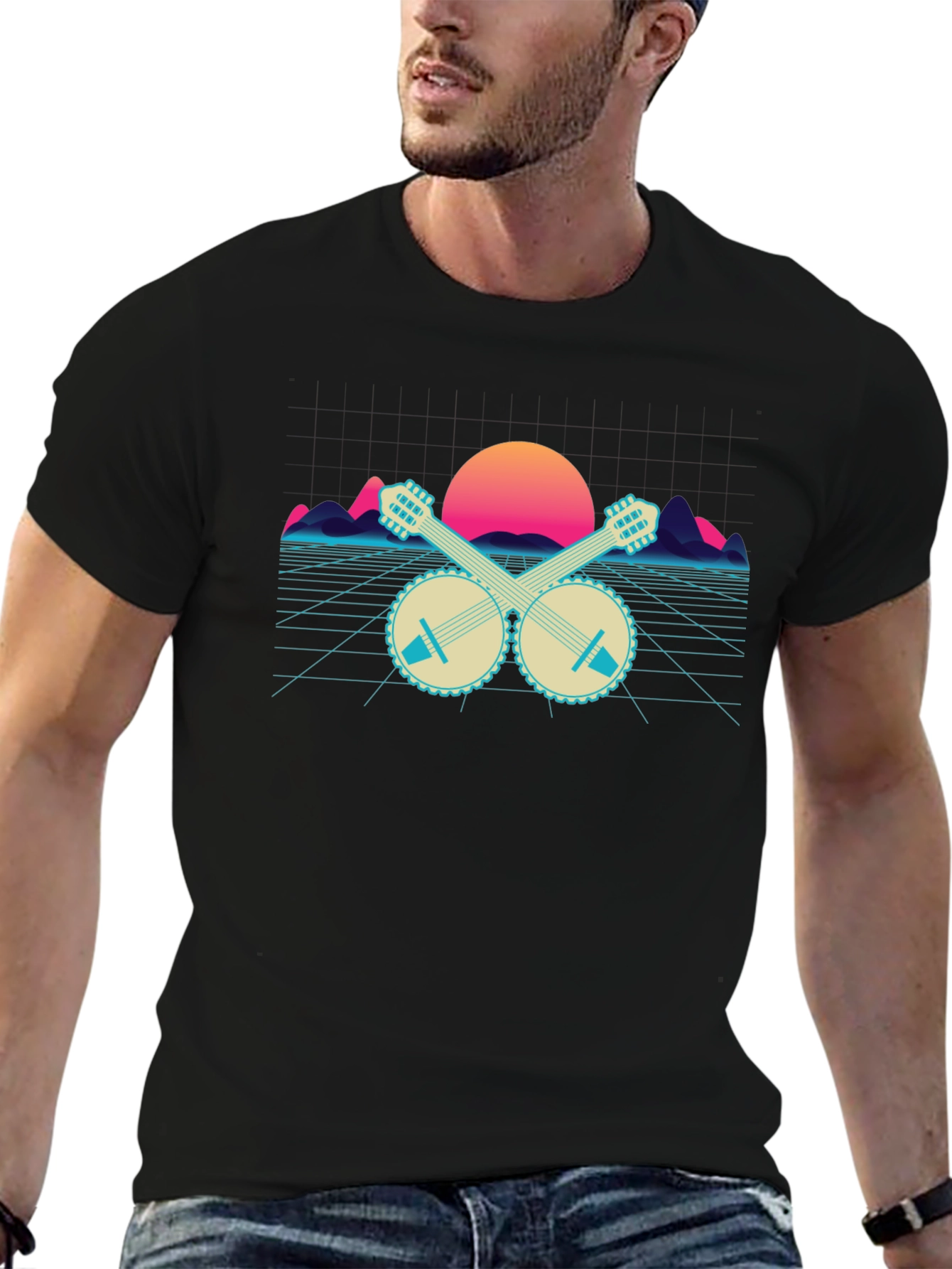 Retro Banjo Sunset T-Shirt - Musical Synthwave Tee