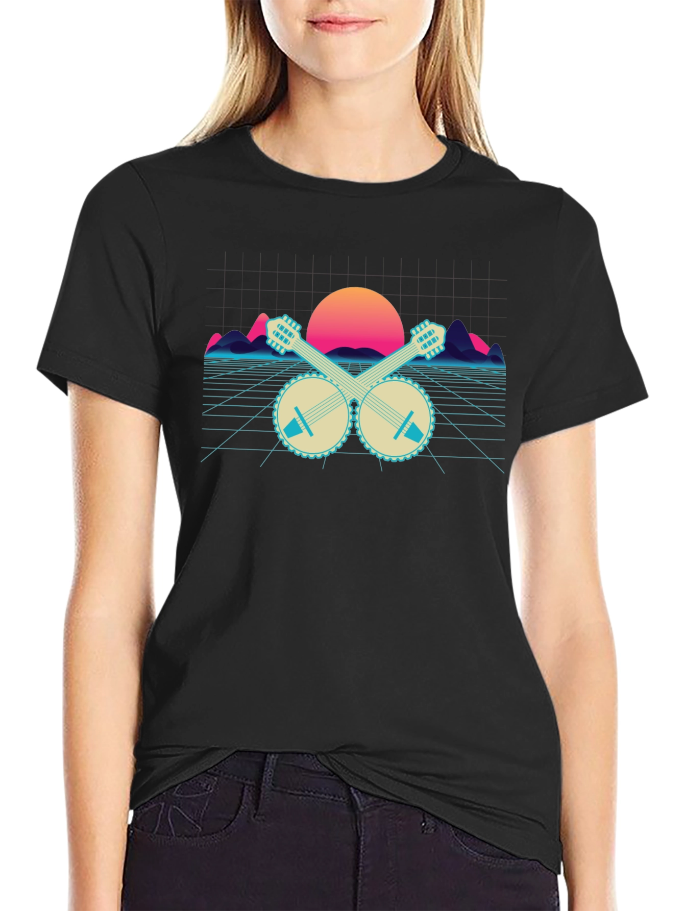 Retro Banjo Sunset T-Shirt - Musical Synthwave Tee