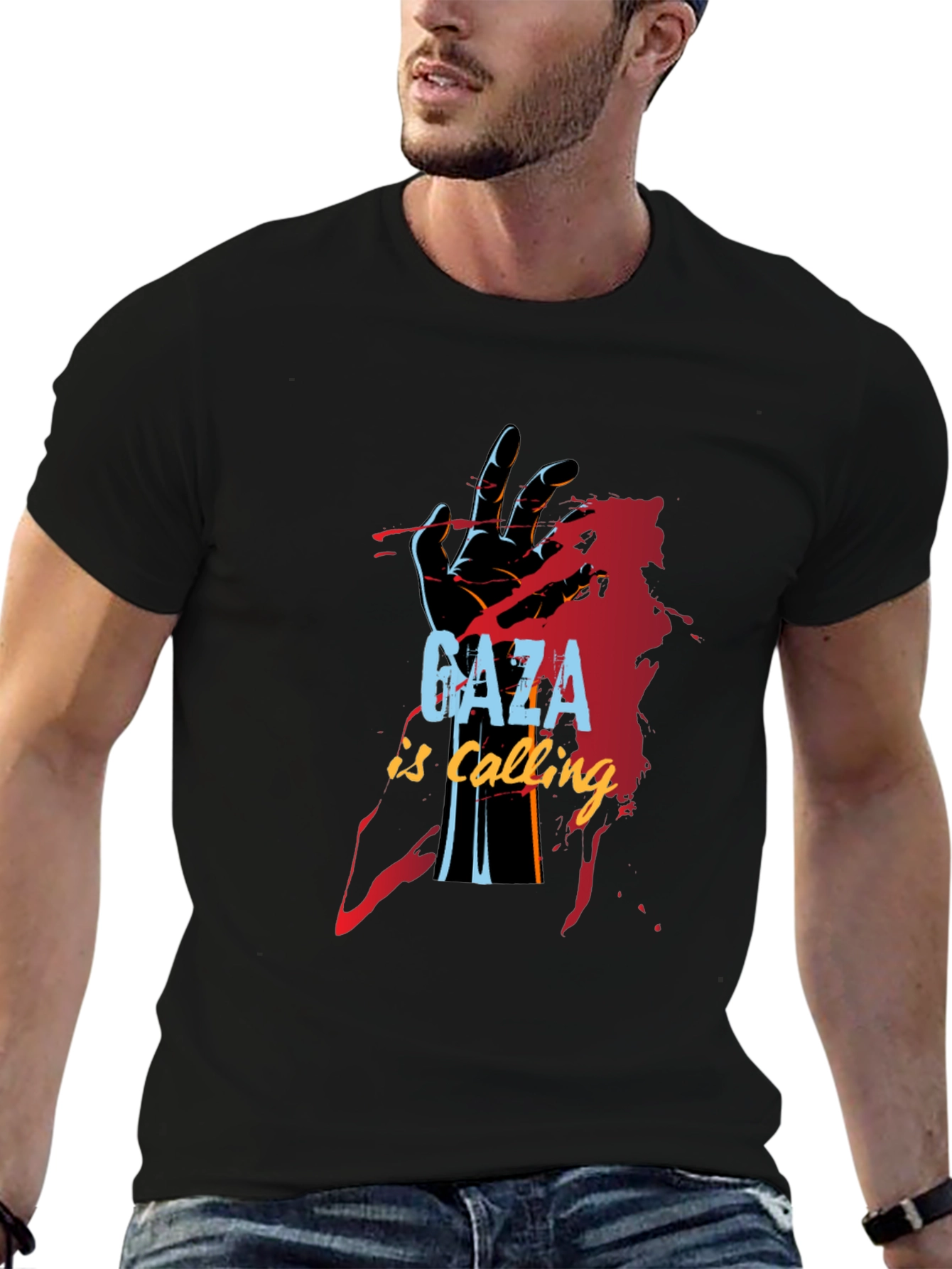 Gaza is Calling Graphic Print Black T-Shirt