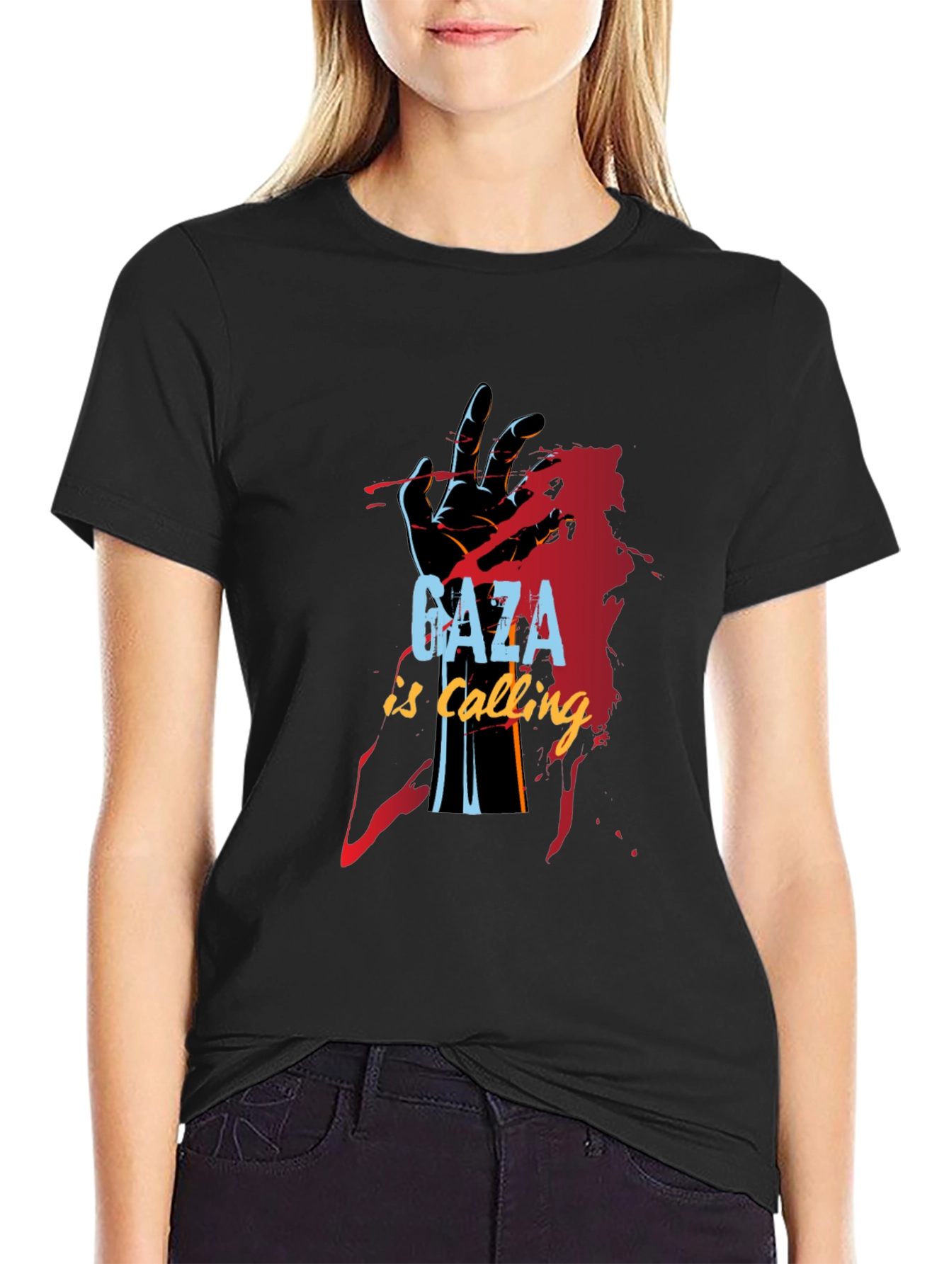Gaza is Calling Graphic Print Black T-Shirt