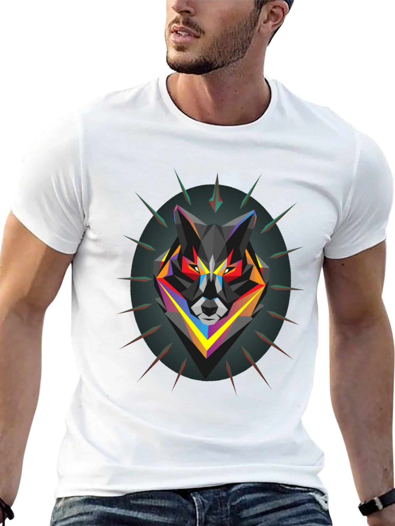 Geometric Wolf Graphic Black T-Shirt