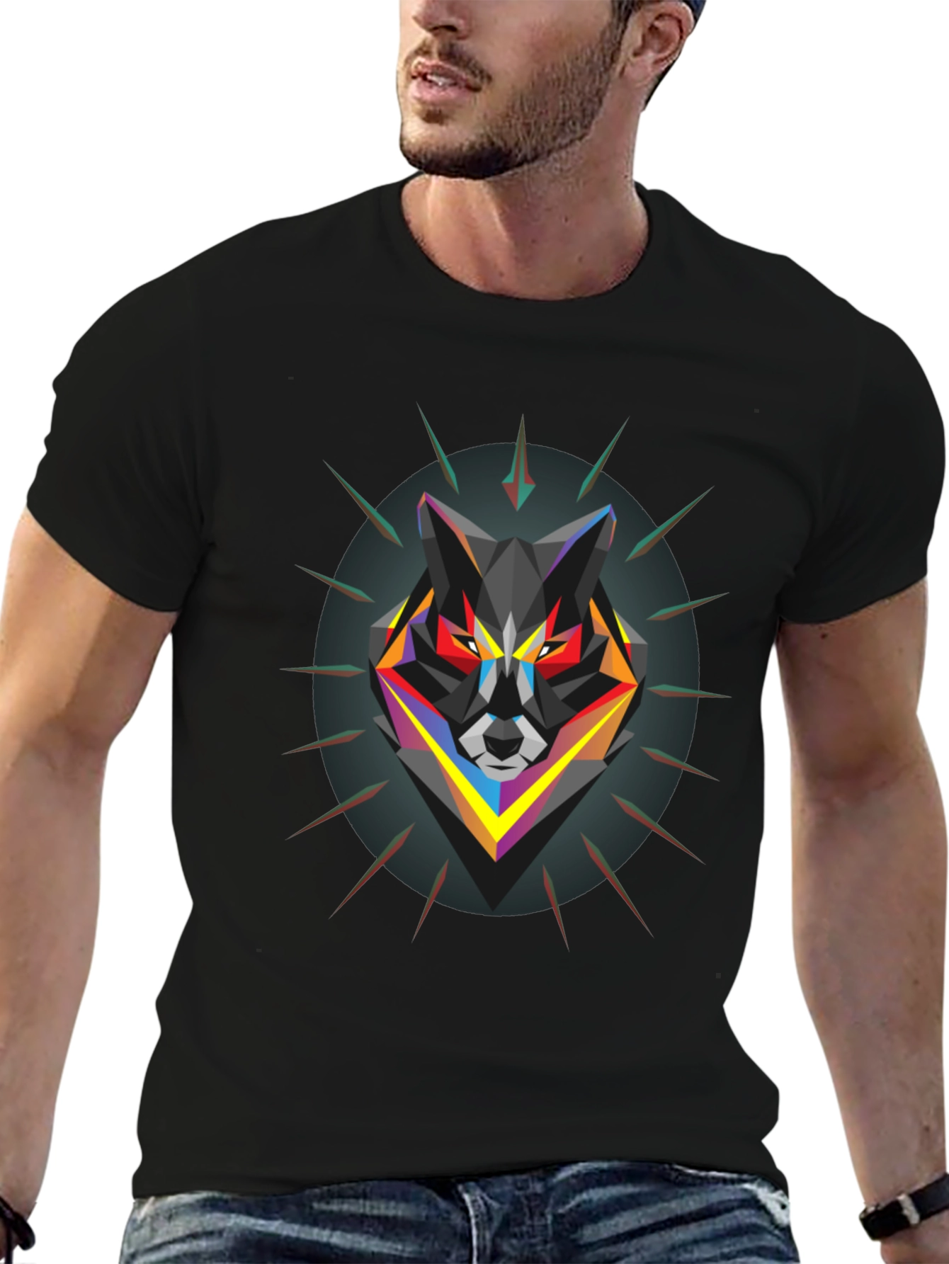 Geometric Wolf Graphic Black T-Shirt