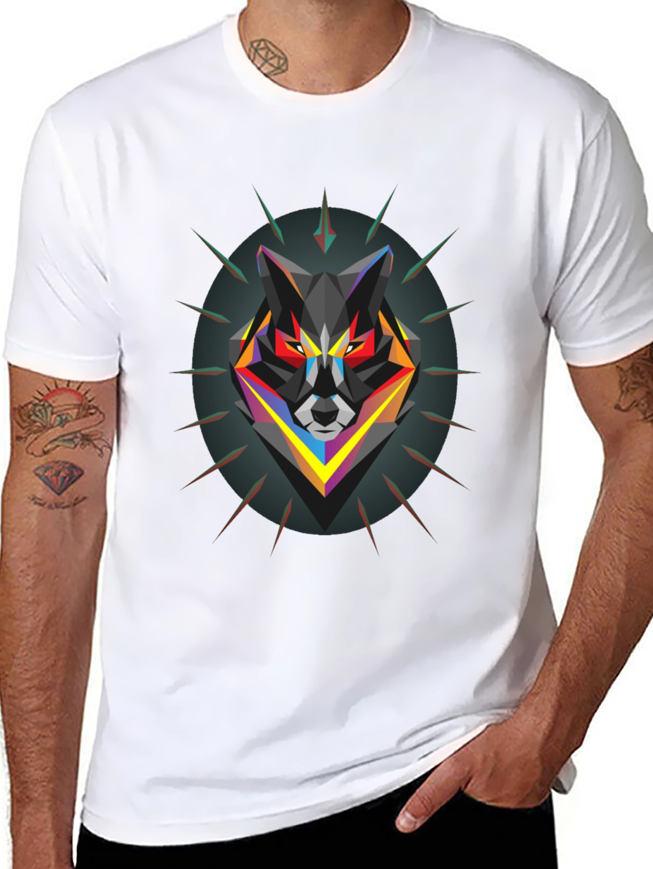 Geometric Wolf Graphic Black T-Shirt