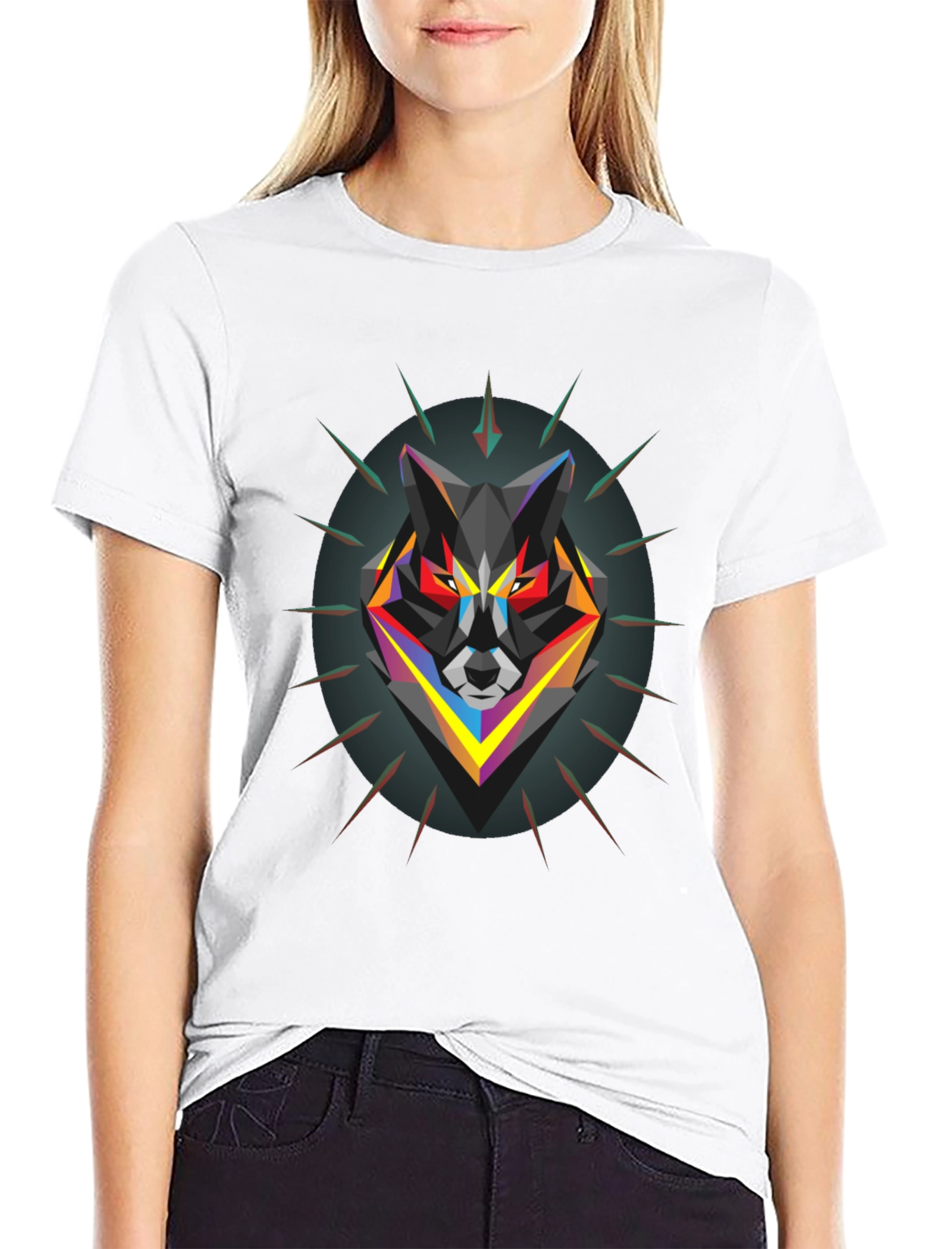 Geometric Wolf Graphic Black T-Shirt