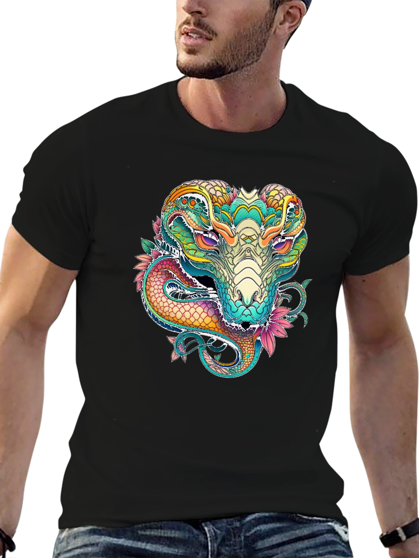 Vibrant Cobra Graphic Print Black T-Shirt