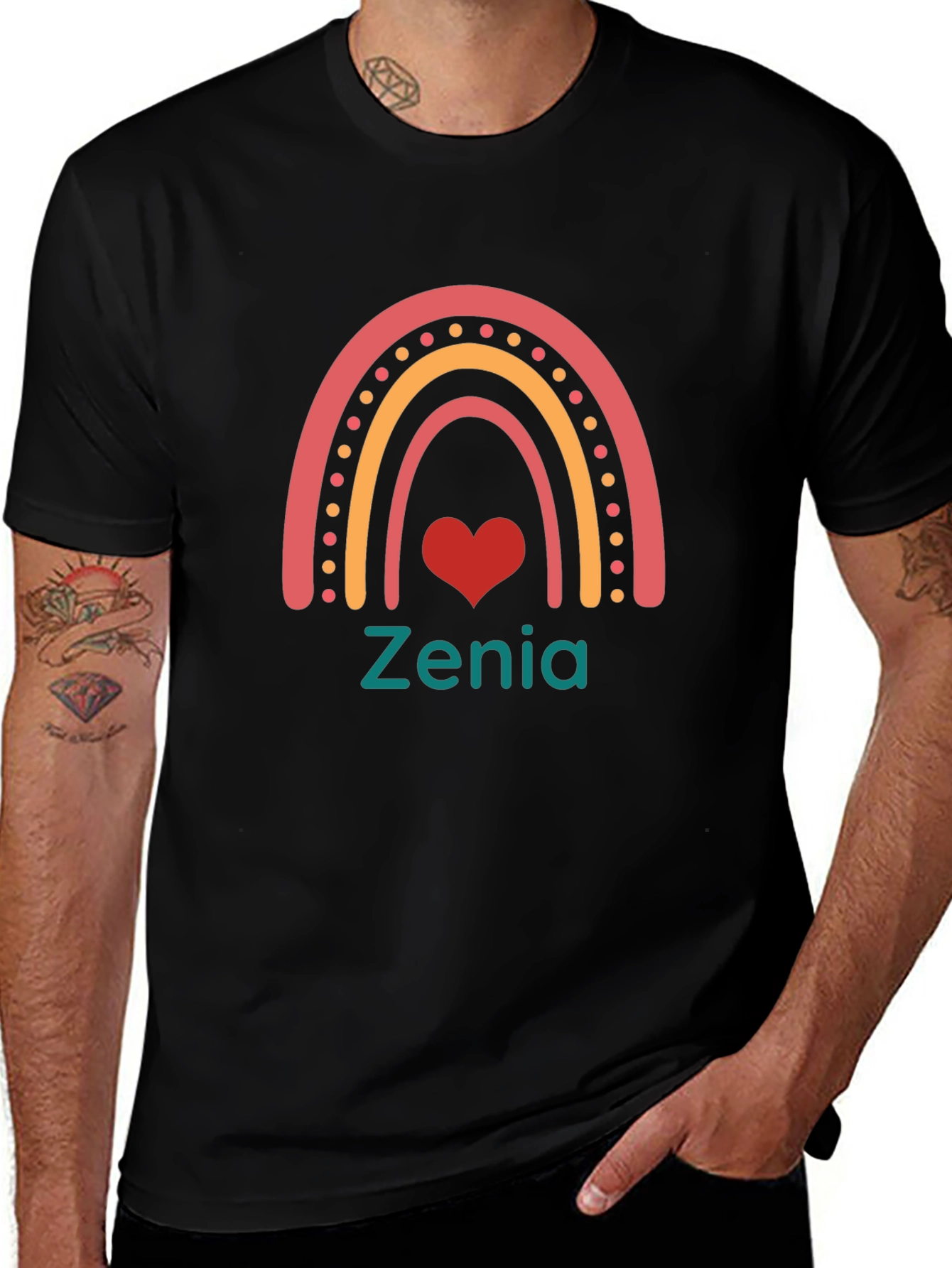 Zenia Rainbow Heart Graphic Black T-Shirt