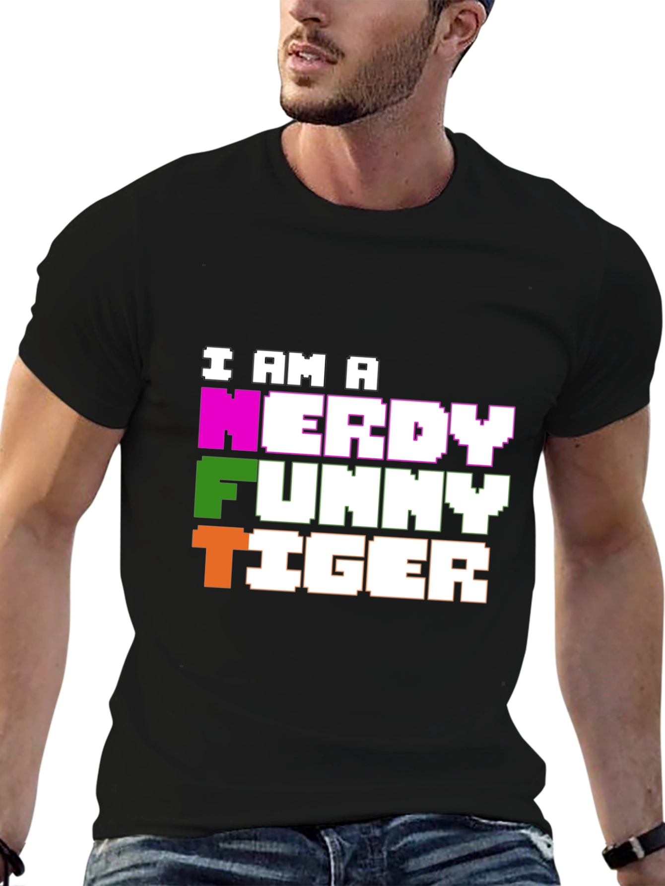 Nerdy Funny Tiger Graphic Tee - Black Cotton T-Shirt