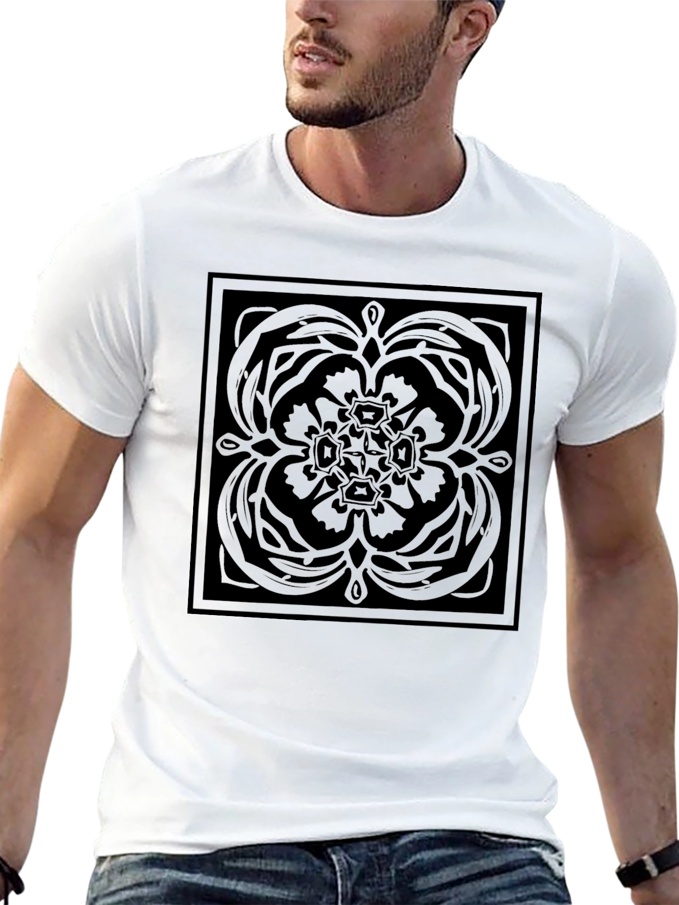 Modern Black Graphic Tee - Square Floral