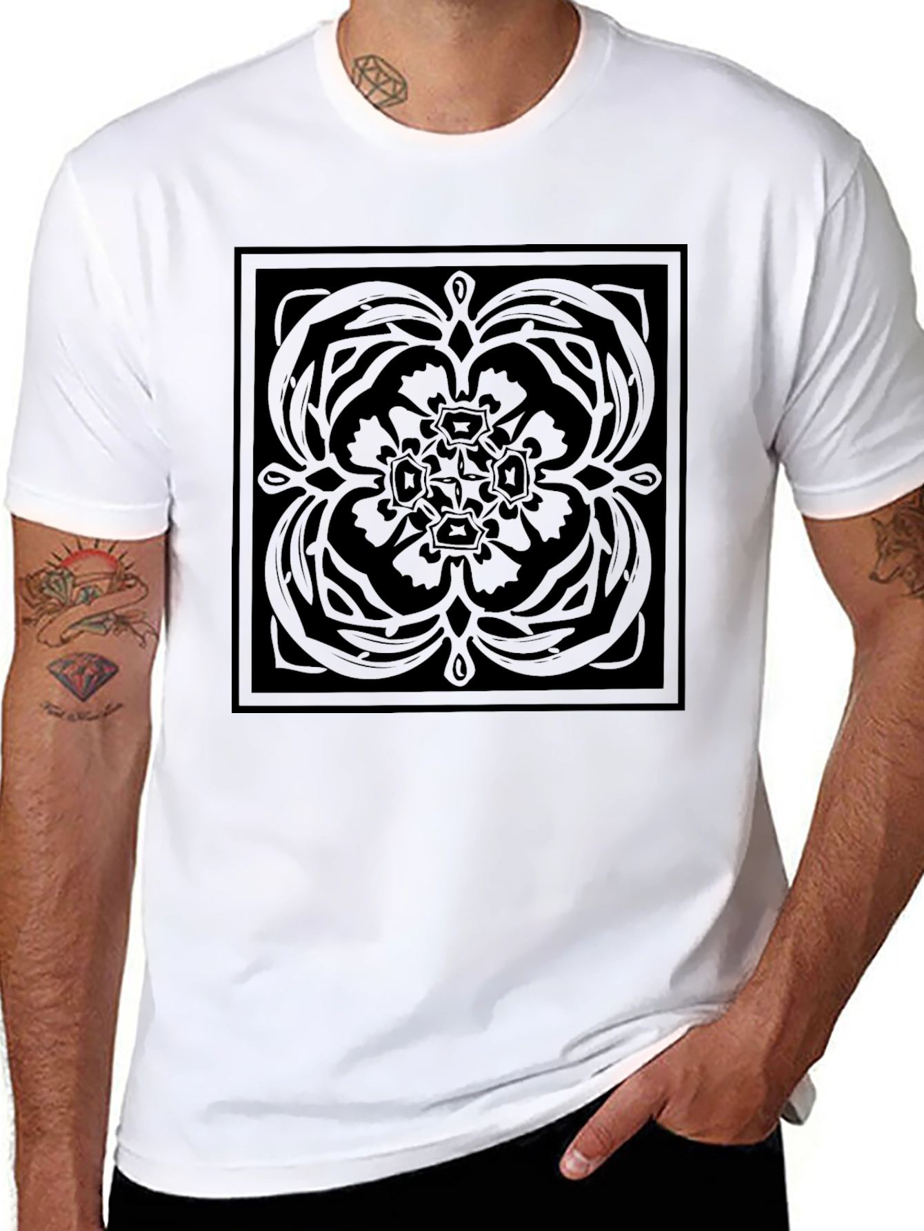 Modern Black Graphic Tee - Square Floral
