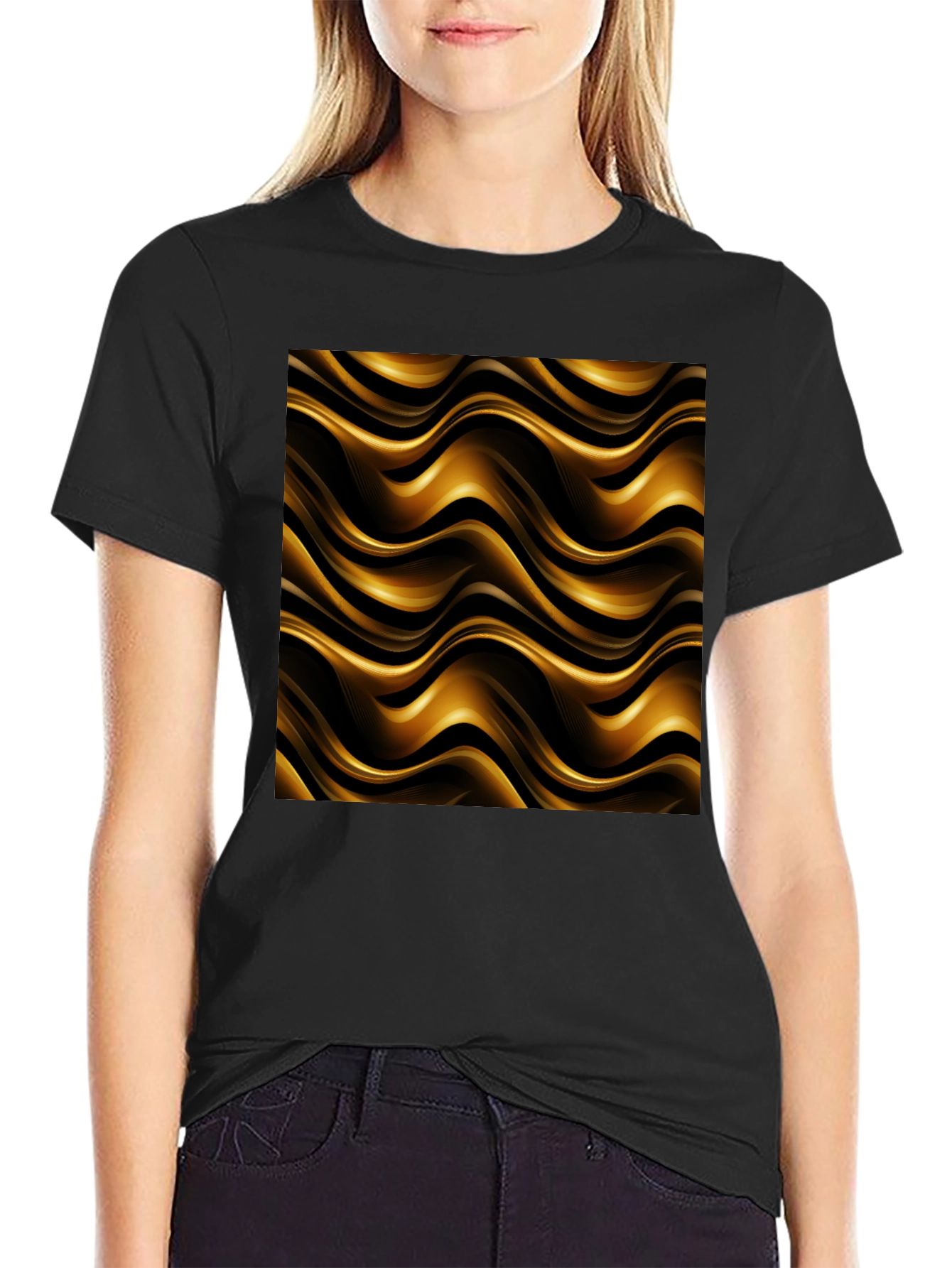 Elegant Black Tee with Gold Wave Pattern