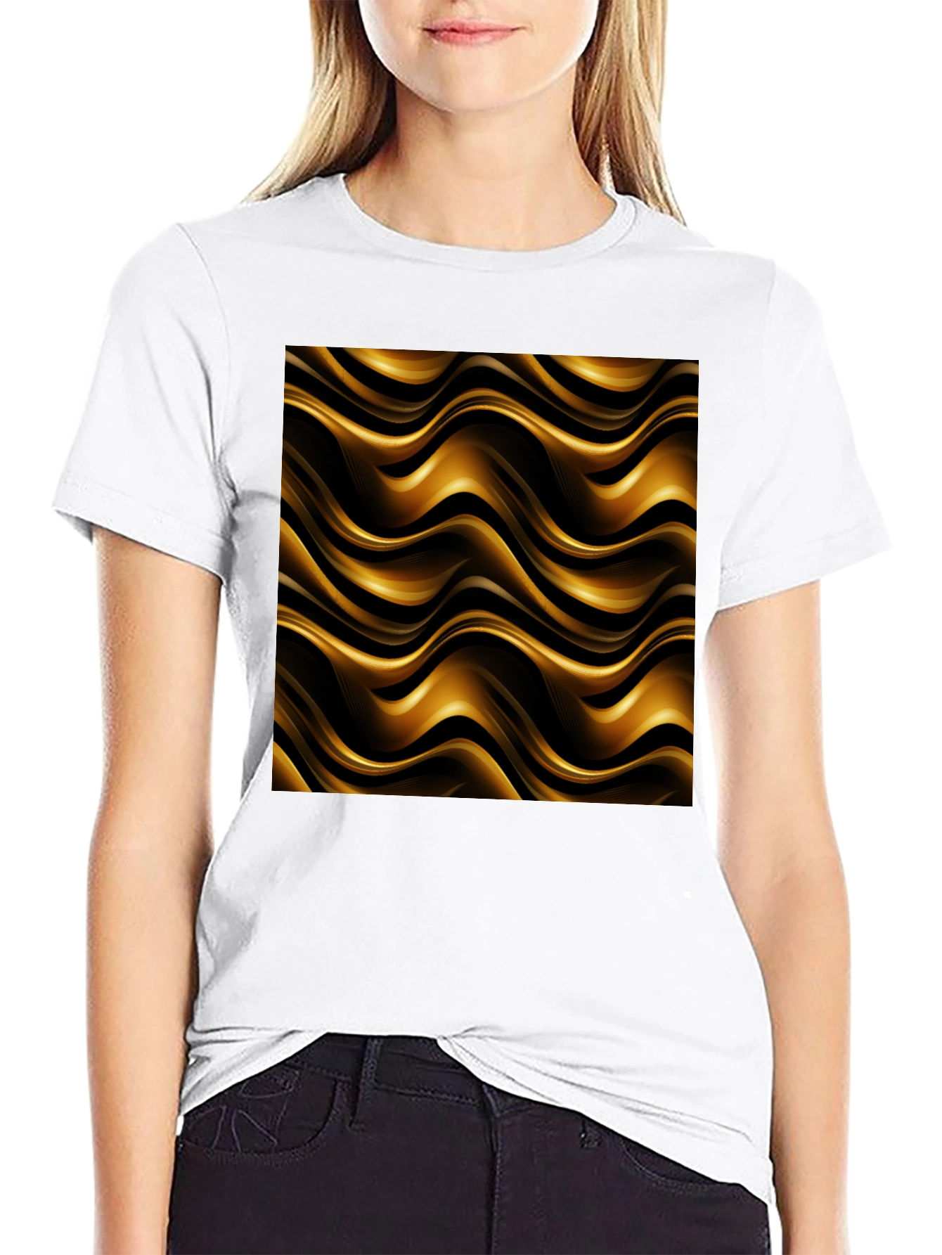 Elegant Black Tee with Gold Wave Pattern