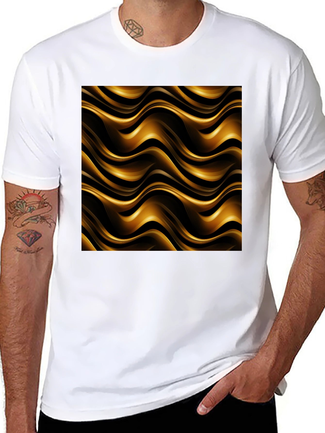 Elegant Black Tee with Gold Wave Pattern