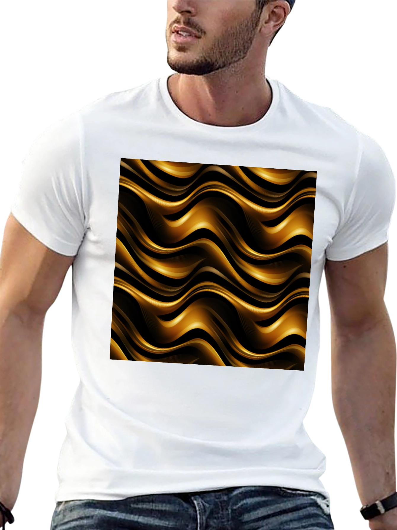 Elegant Black Tee with Gold Wave Pattern