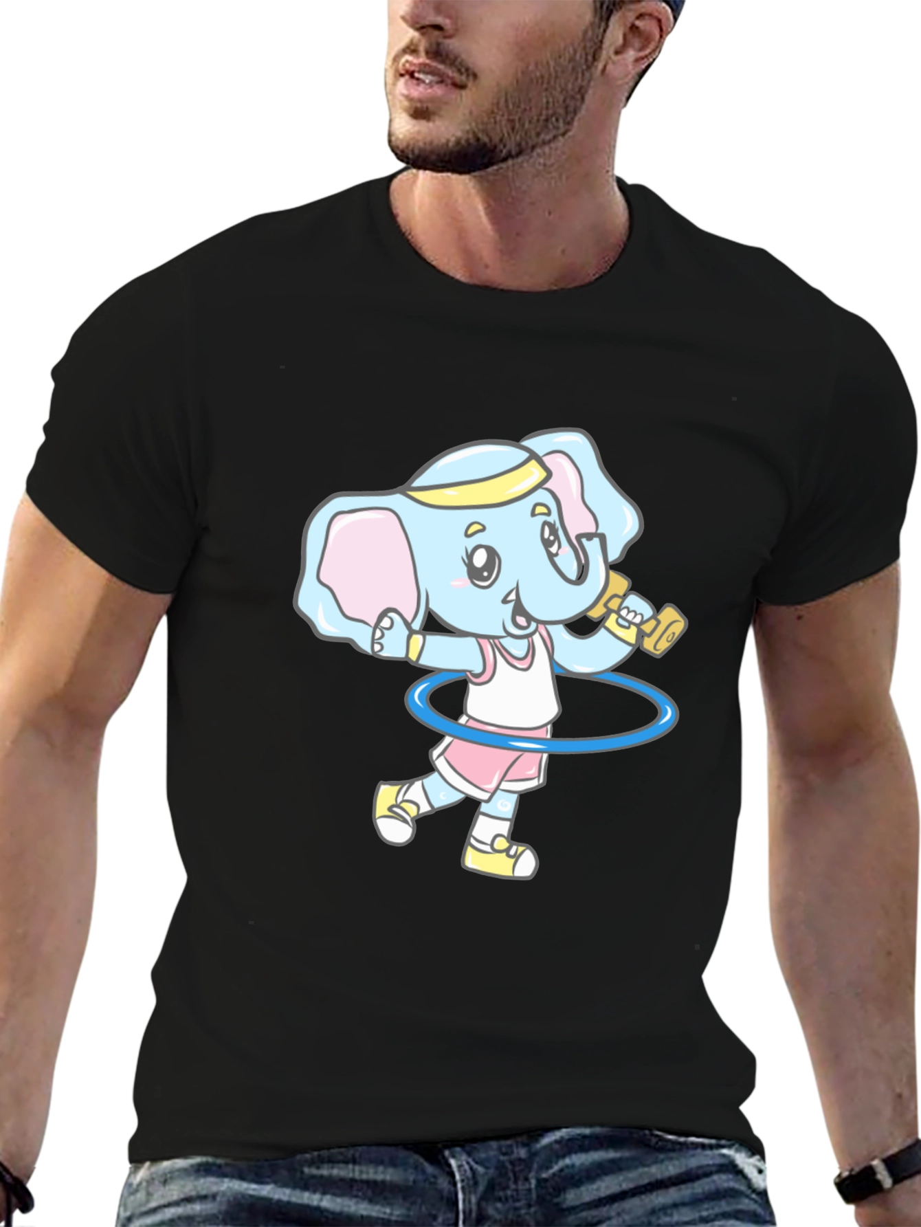 Elephant Gym Cartoon Black T-Shirt