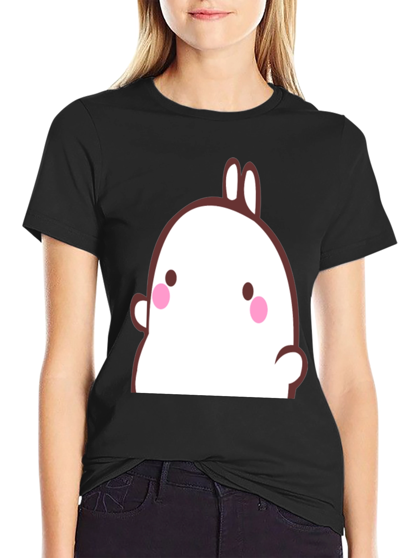 Cute Cartoon Bunny Graphic Black T-Shirt