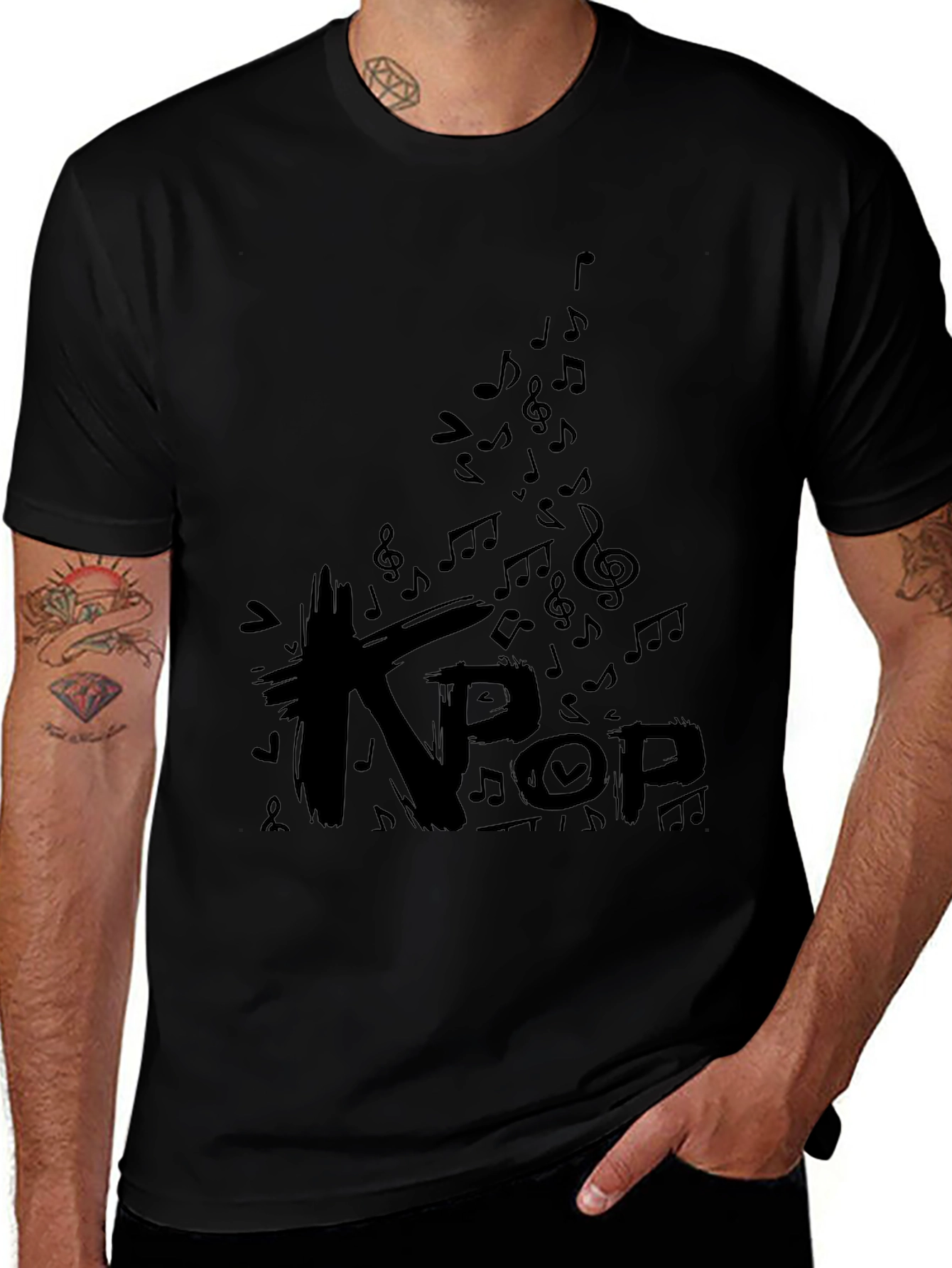 K-Pop Music Notes Black Graphic T-Shirt