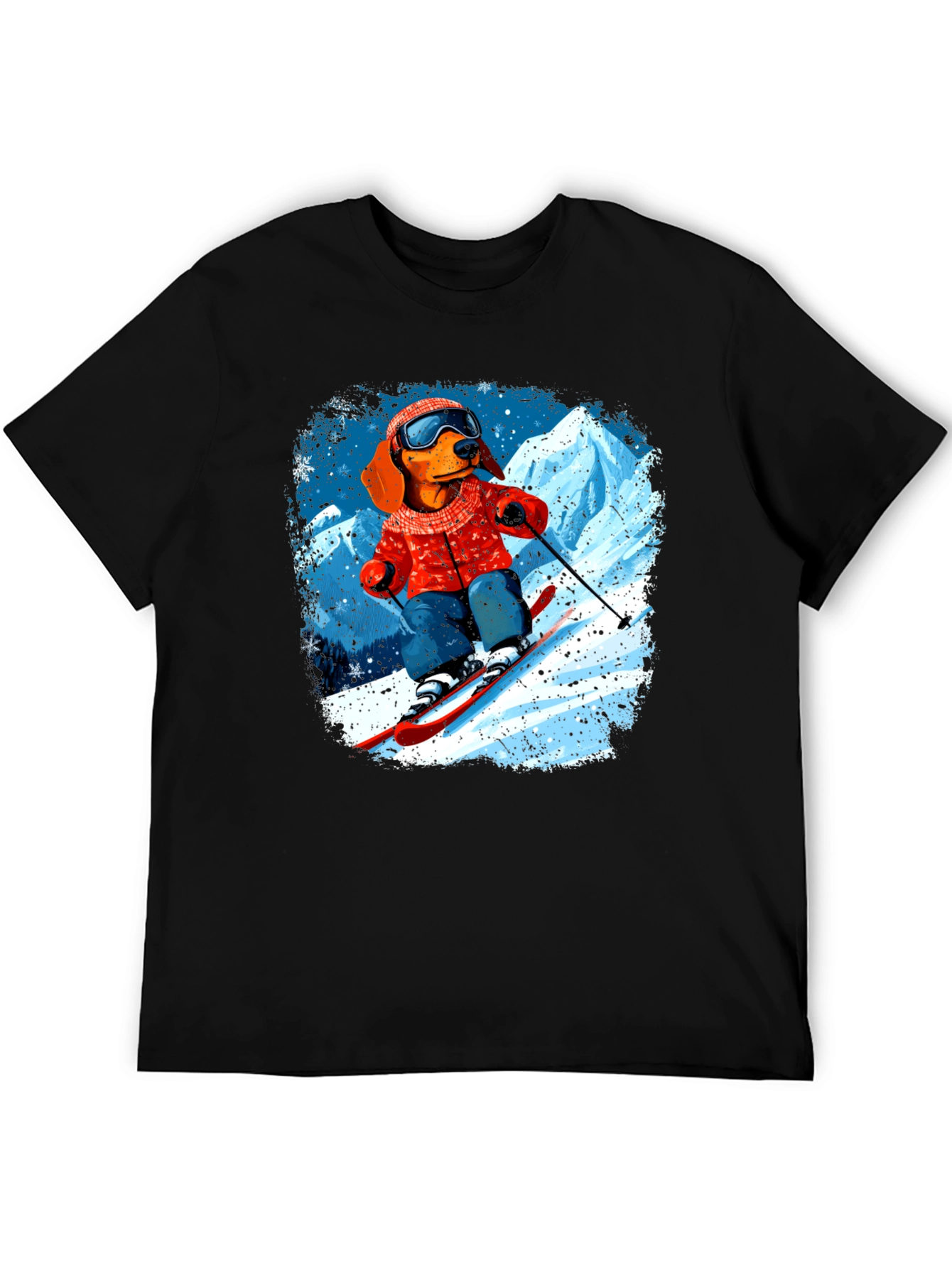 Dog Skiing Graphic Tee - Black Cotton T-Shirt