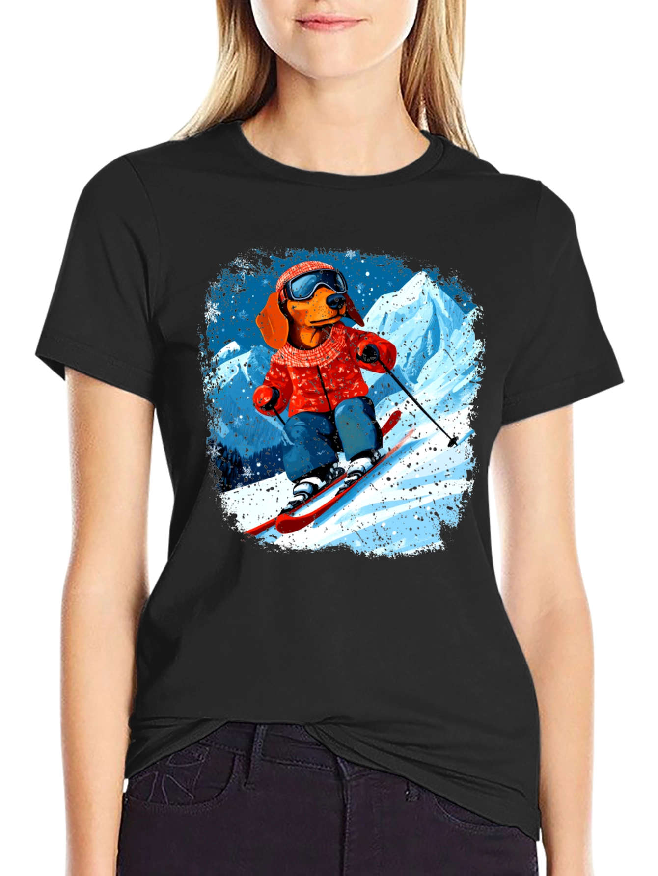 Dog Skiing Graphic Tee - Black Cotton T-Shirt