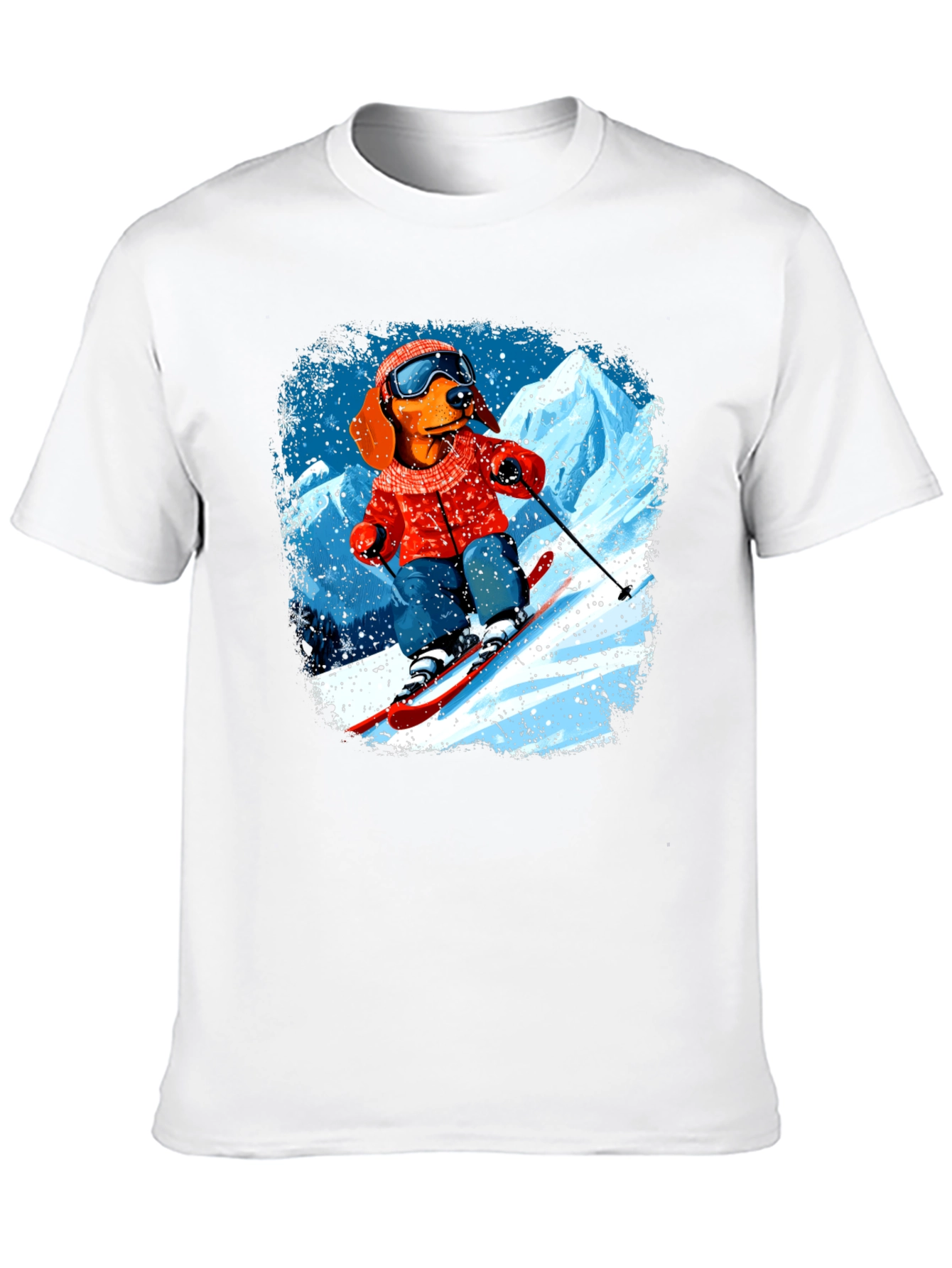 Dog Skiing Graphic Tee - Black Cotton T-Shirt