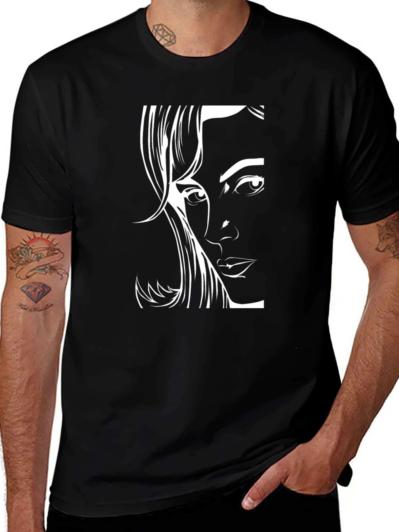 Black T-Shirt with Elegant Woman Face Design