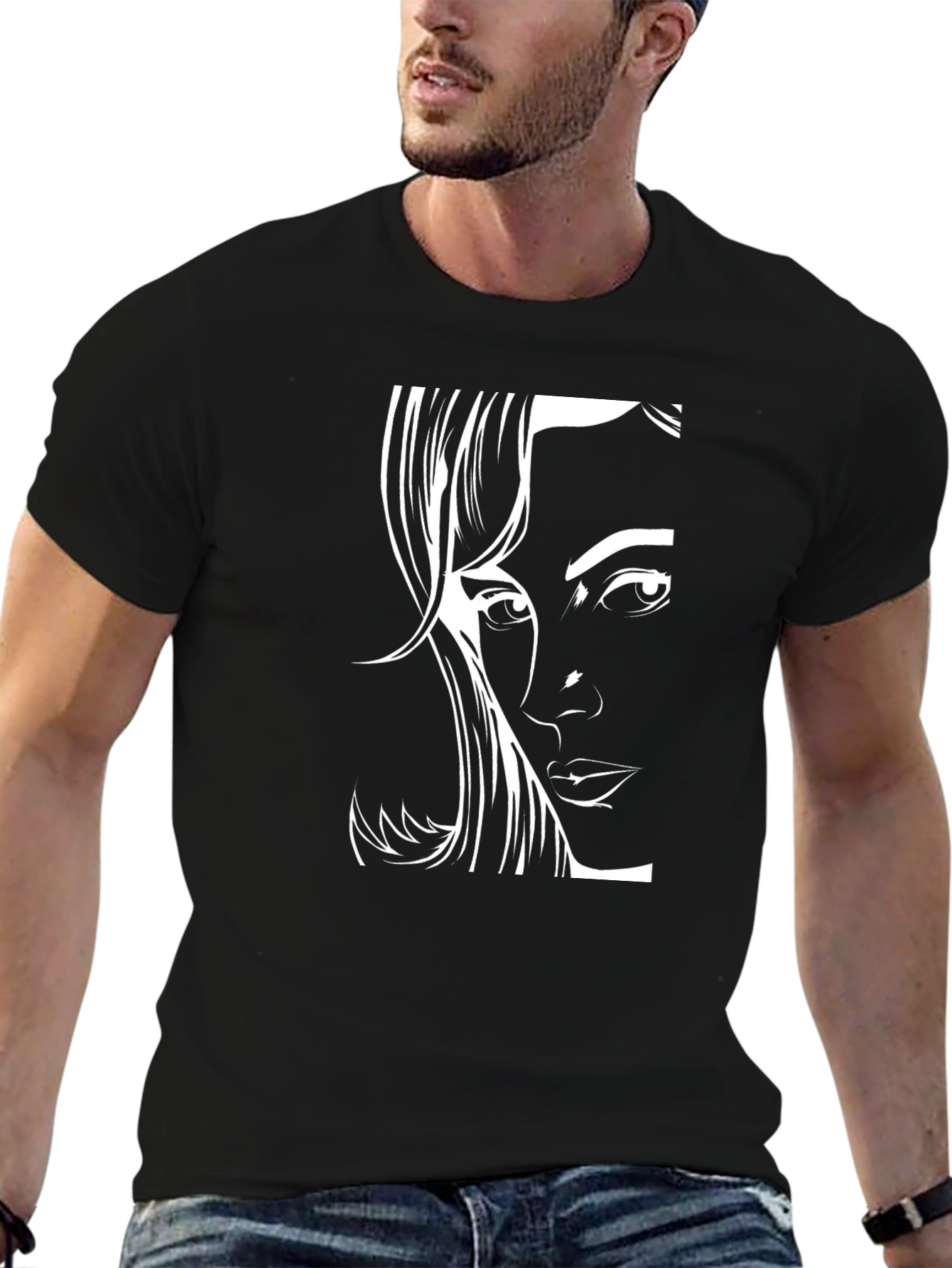 Black T-Shirt with Elegant Woman Face Design