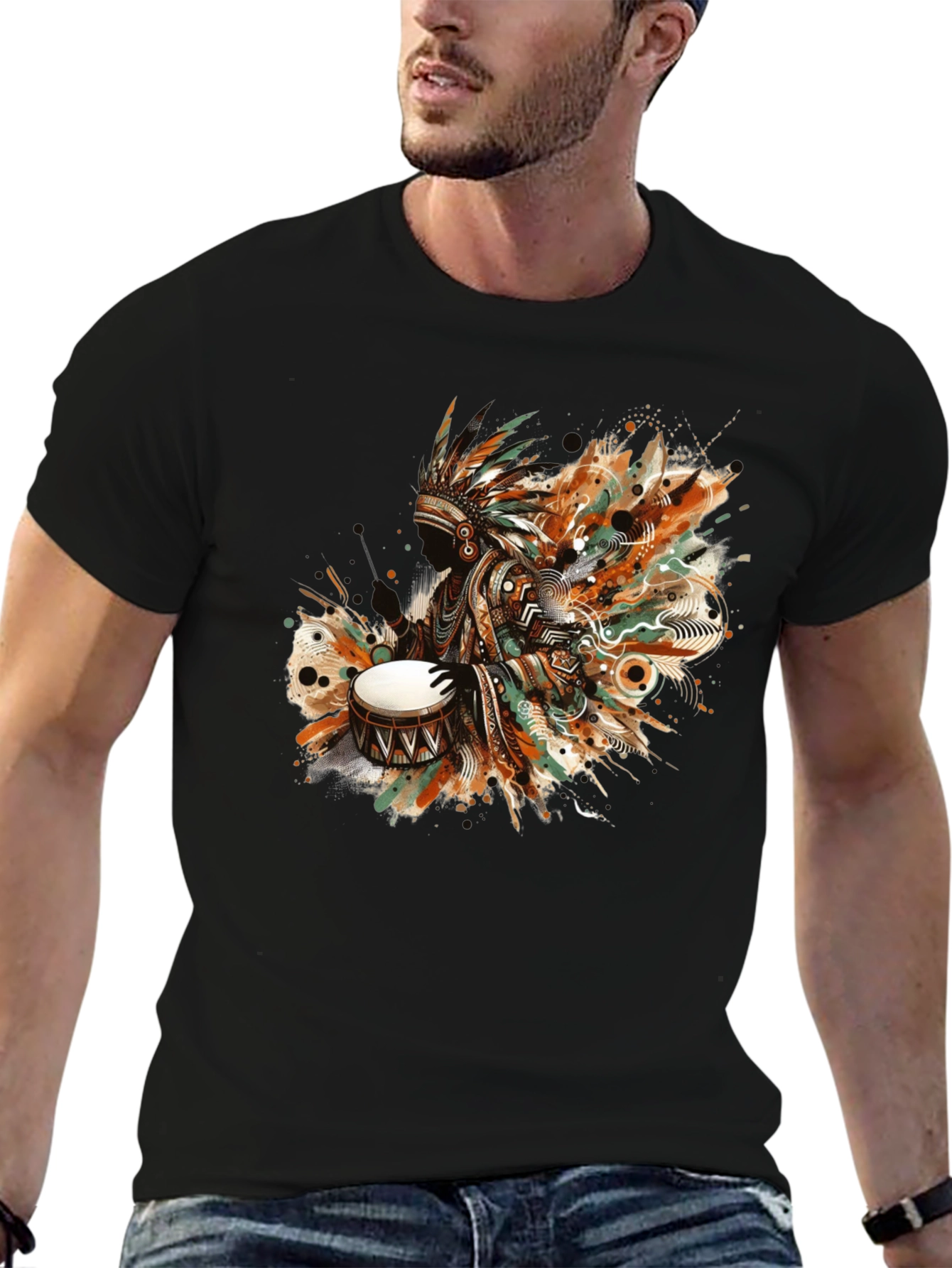 Native American Drummer Graphic Tee - Black