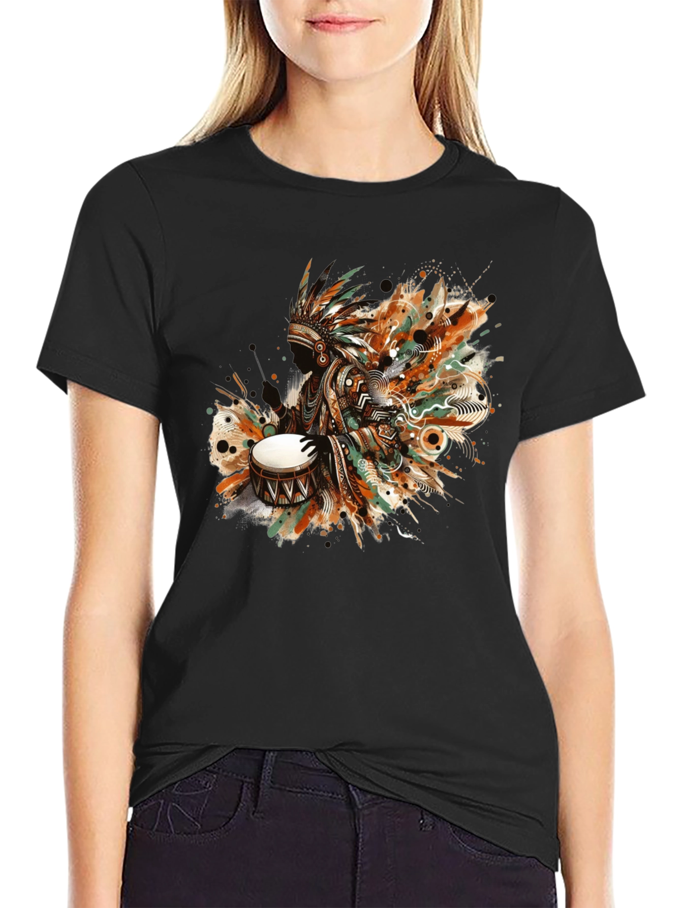Native American Drummer Graphic Tee - Black