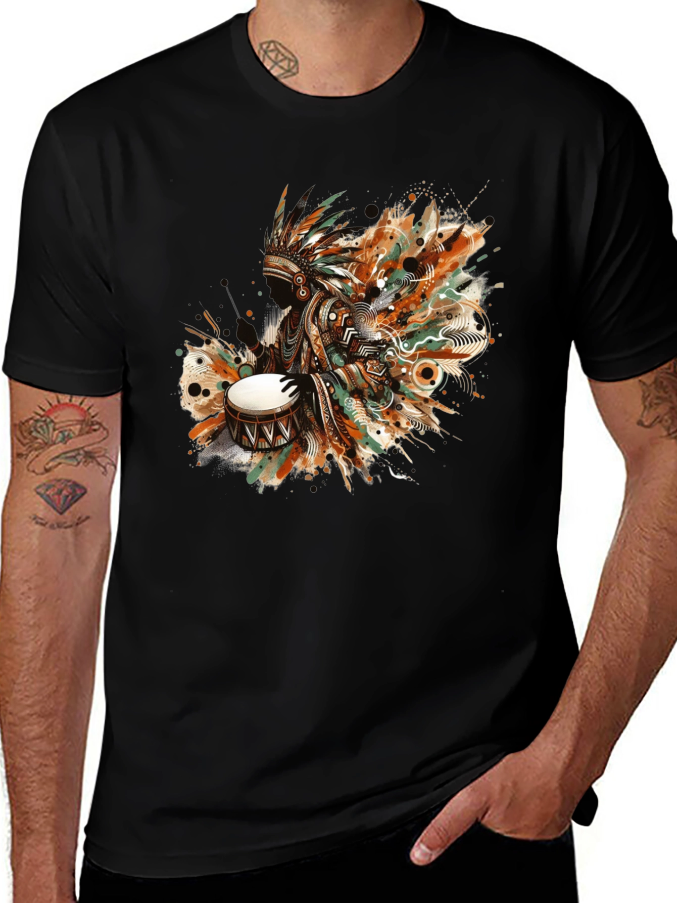 Native American Drummer Graphic Tee - Black