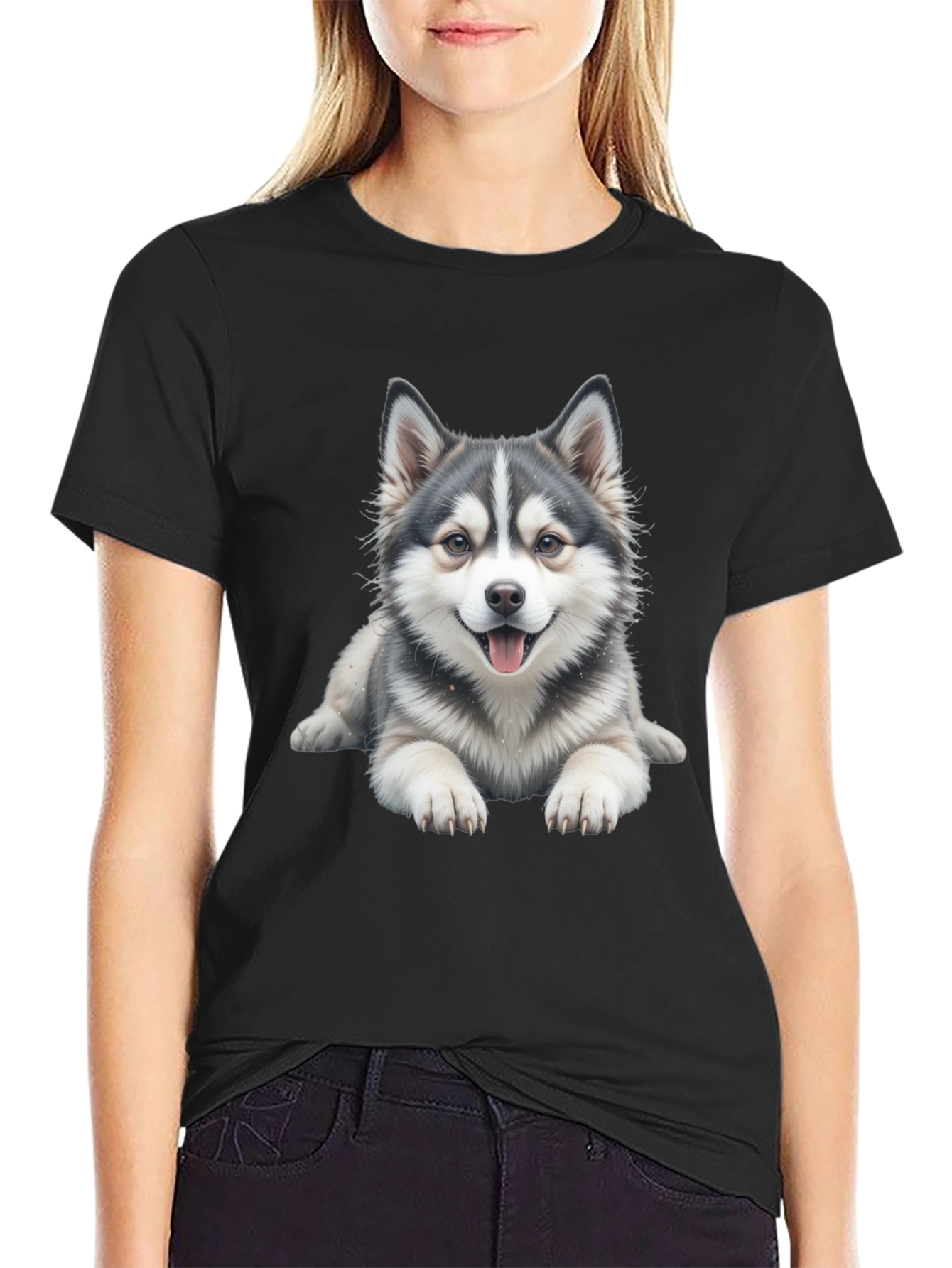 Cute Dog Graphic Tee - Black Cotton Blend
