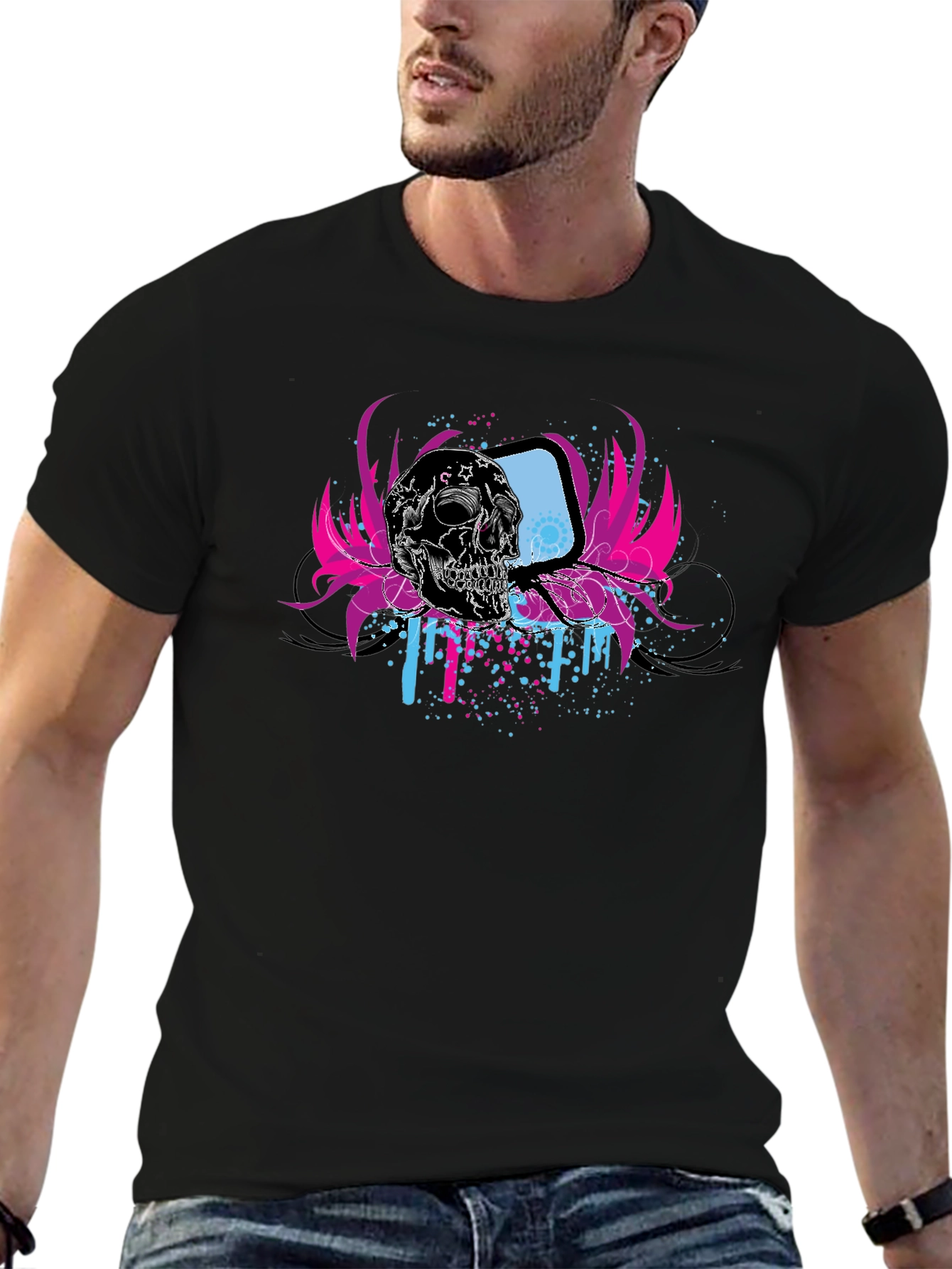 Skull & Retro TV Graphic Black T-Shirt