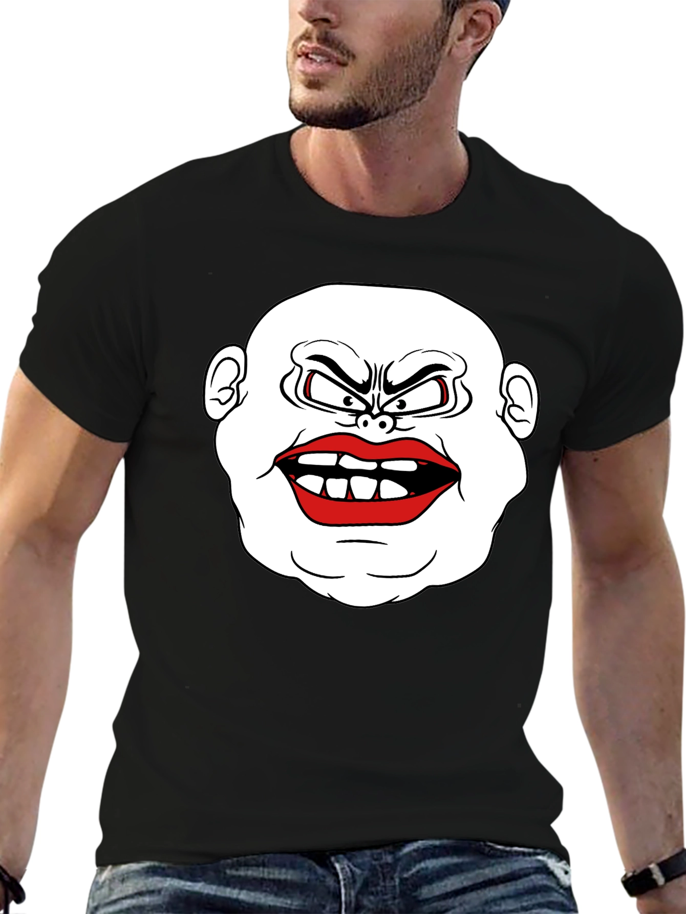 Mens Black T-Shirt with Cartoon Face Graphic