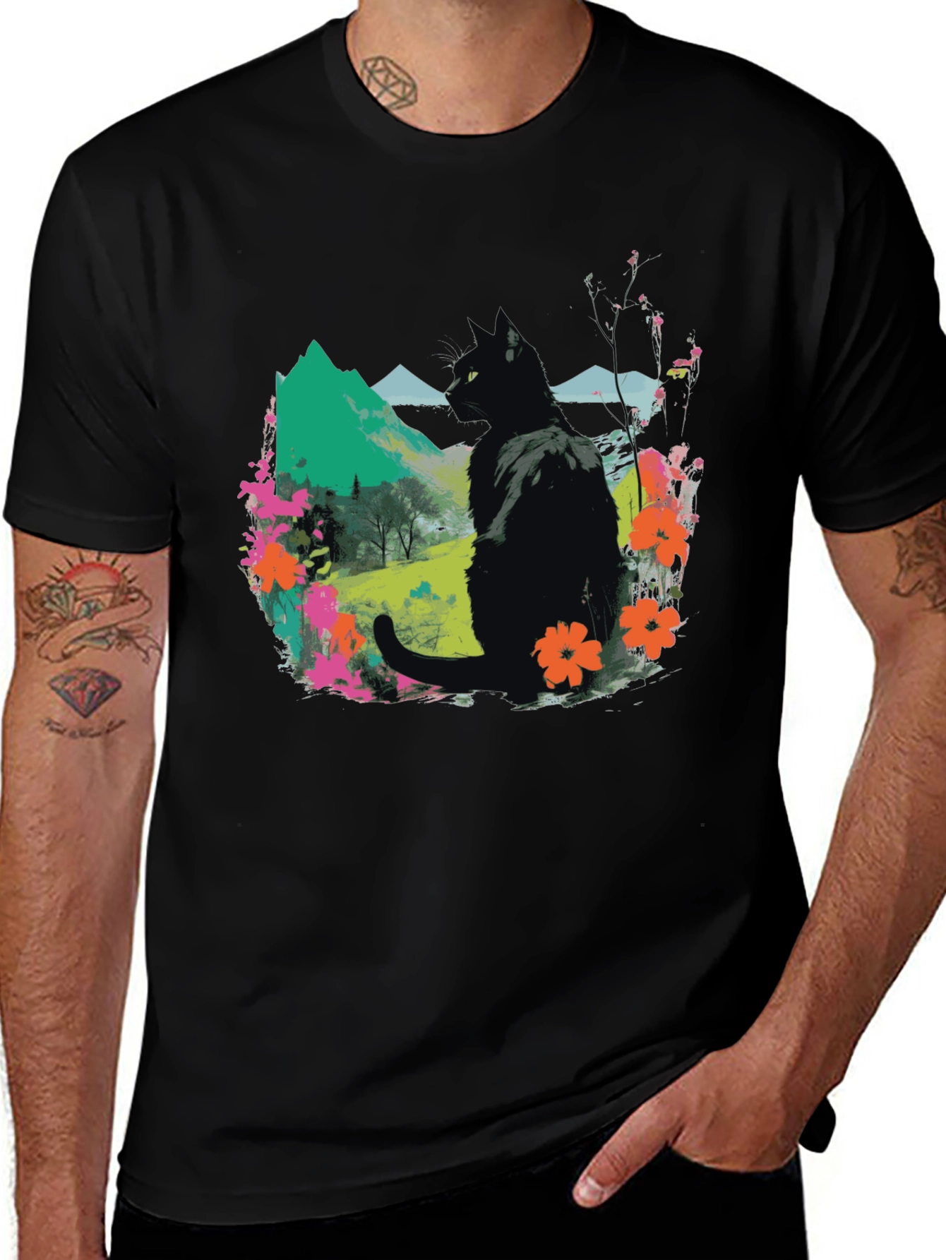 Black Cat Floral Landscape Graphic Tee