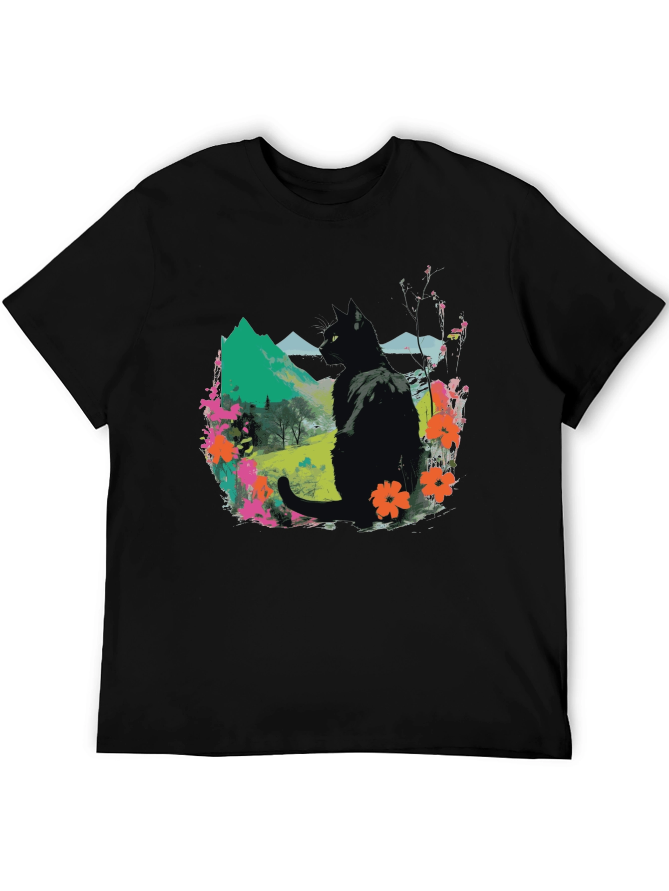 Black Cat Floral Landscape Graphic Tee