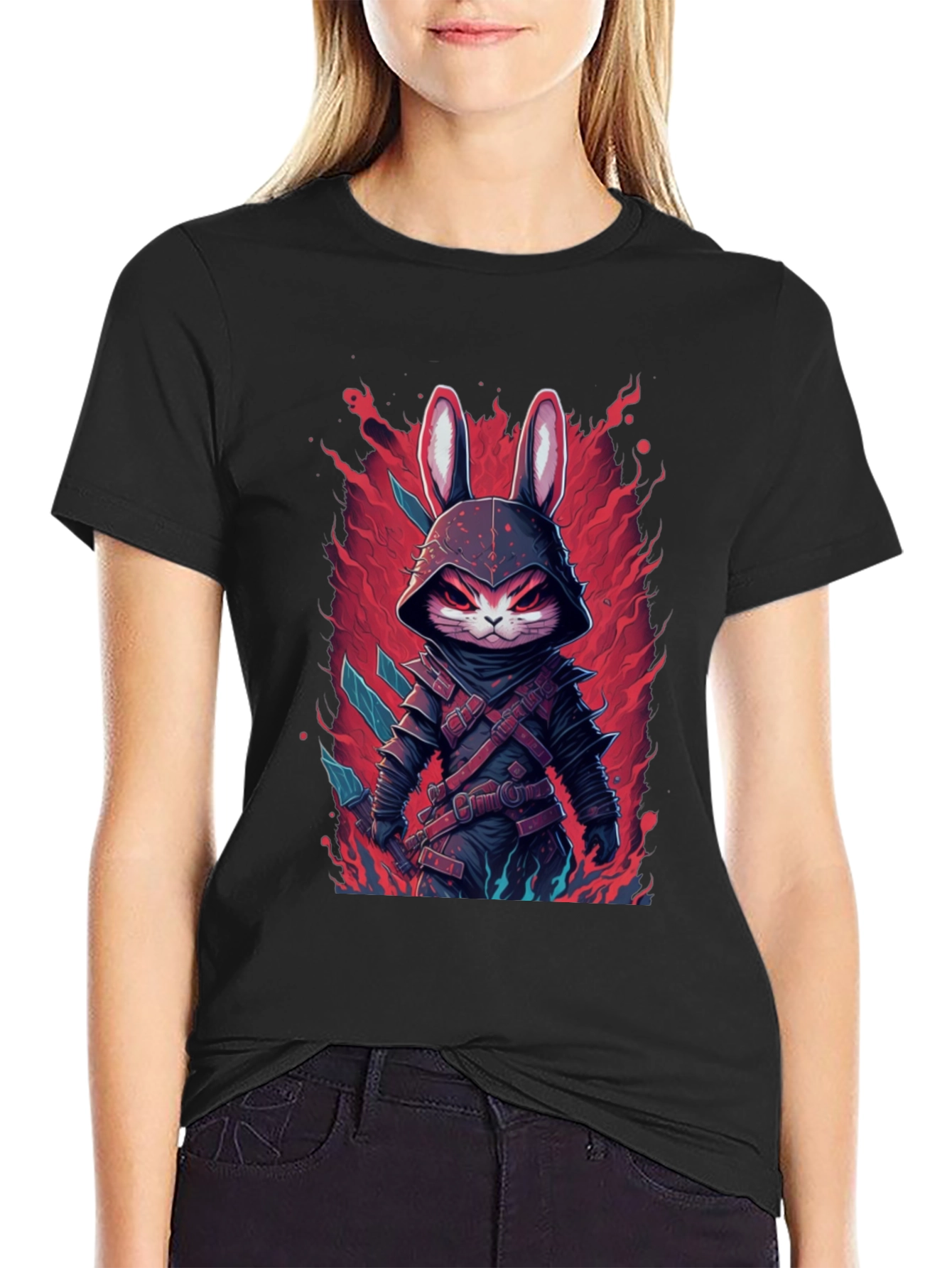 Mens Black T-Shirt with Rabbit Warrior Graphic