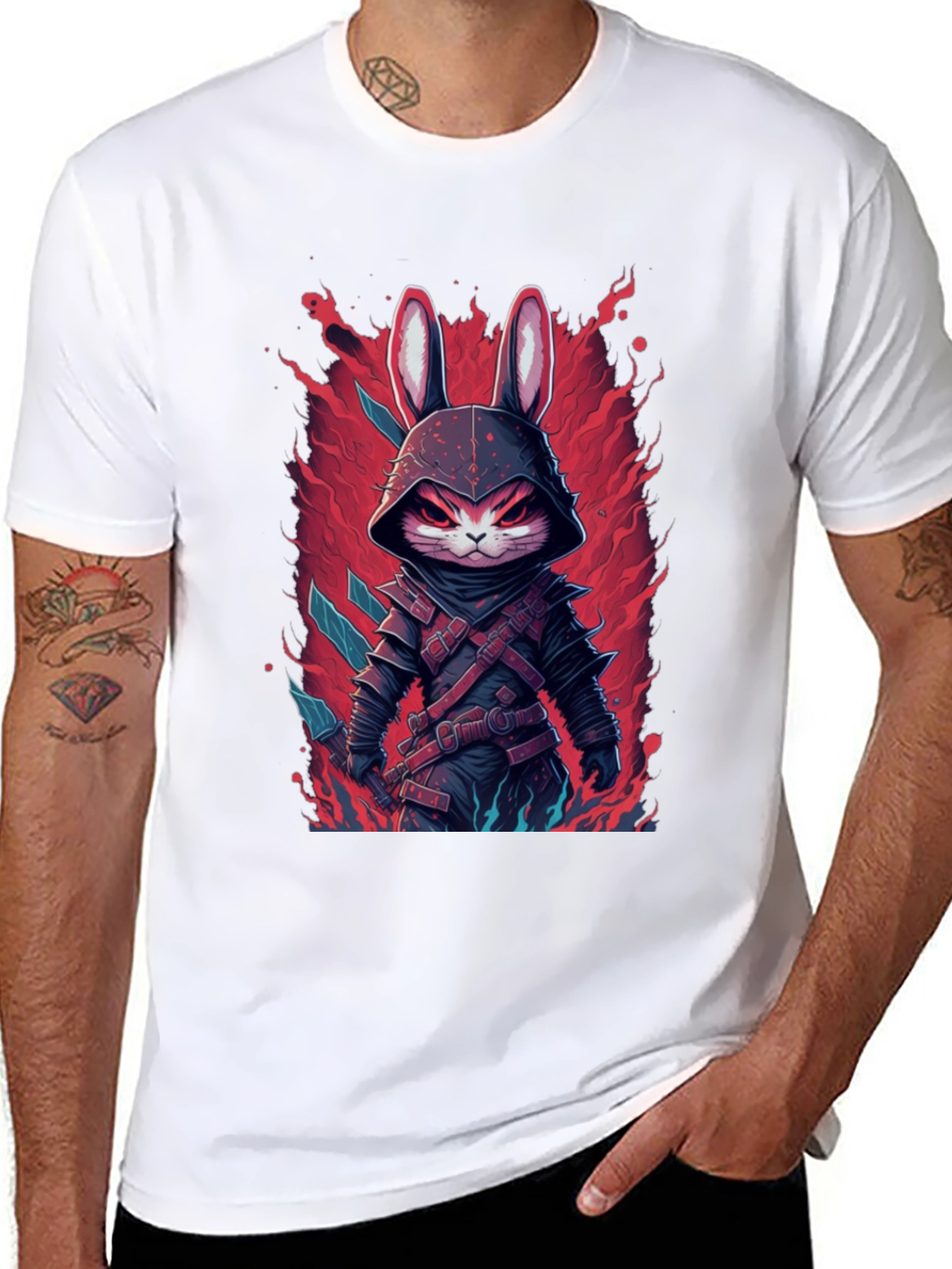 Mens Black T-Shirt with Rabbit Warrior Graphic